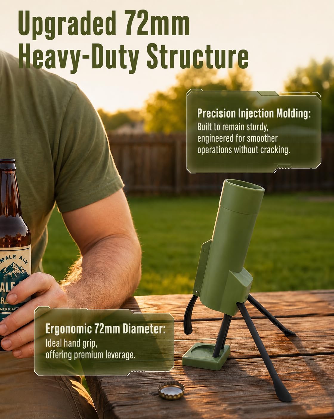 Mortar Bottle Opener Gadget Suitable for a bottle outer diameter of 71mm, Injection Molded Cap Launcher, Tactical Beer Opener Accessory for Men Party Desk, Unique Man Cave Gadgets, Gifts