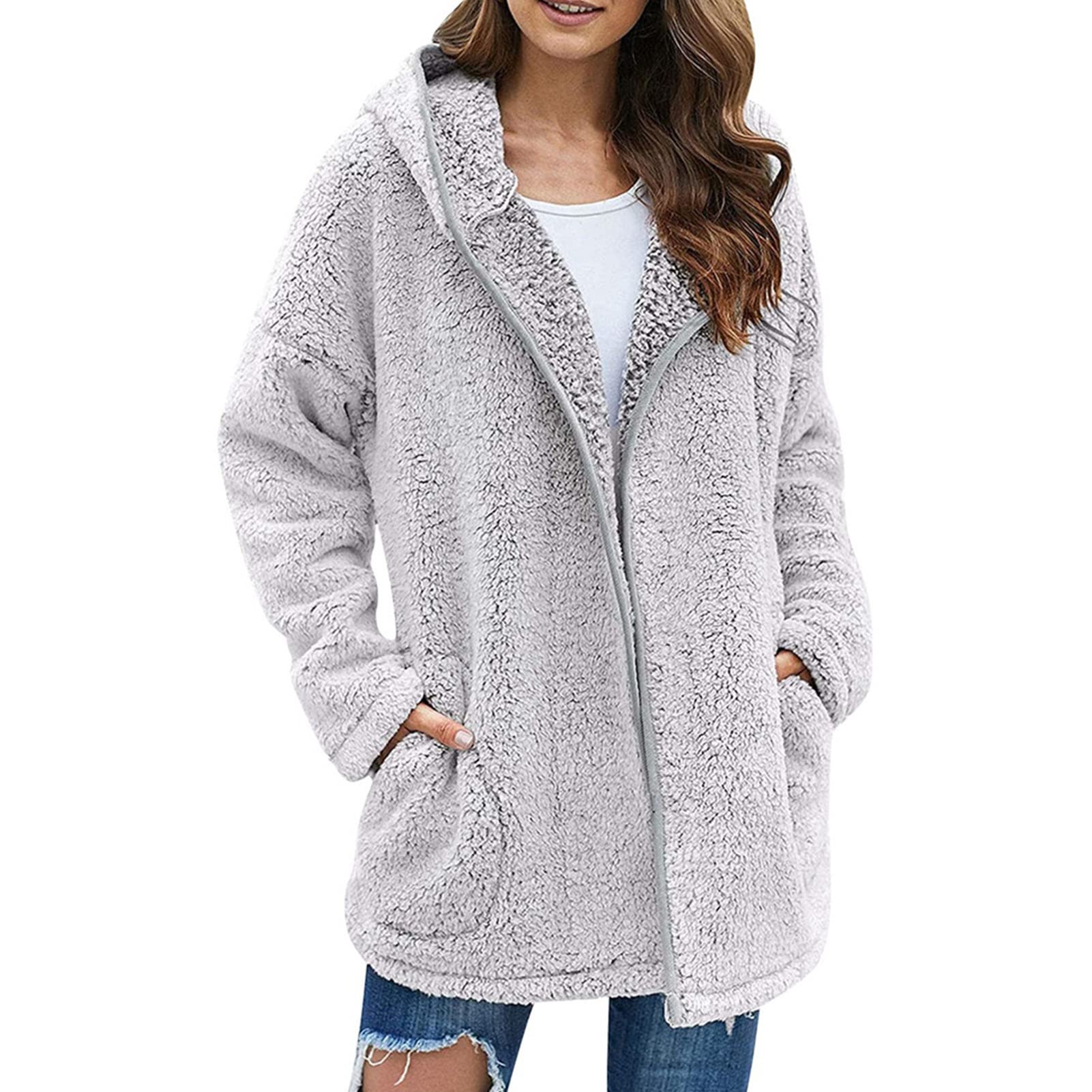 NIBEMINENT Women Plush Hooded Jacket Pure Color Casual Stylish Comfortable Plush Hooded Coat for Daily Wear Work