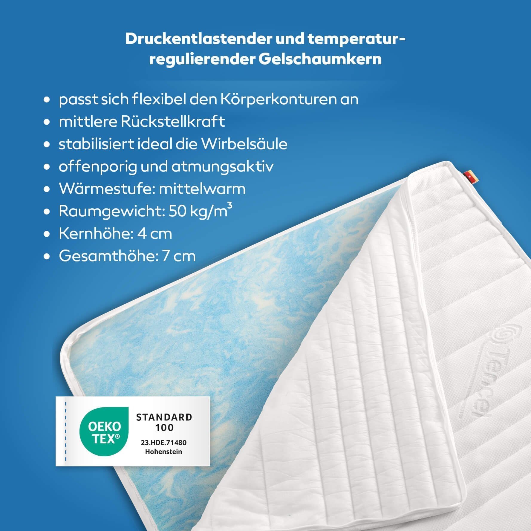 Sobrecolchón de espuma de gel 70 x 160 cm (ancho x largo), Tencel 3D, suave, altura 7 cm, OEKOTEX, Gelax RG 50 kg/m³, fabricado en Alemania