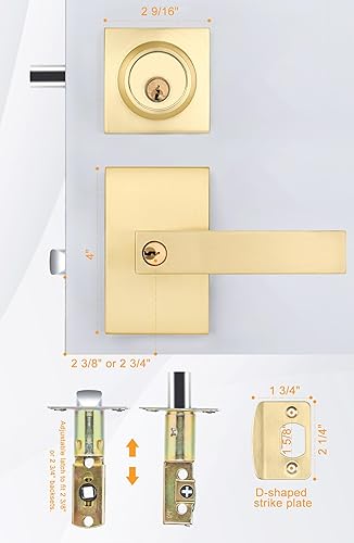 Miniatura 6 de goldenwarm Keyed Alike - Manija de puerta dorada con cerrojo, juego de cerraduras cuadradas de oro cepillado contemporáneo con cerrojo de seguridad,