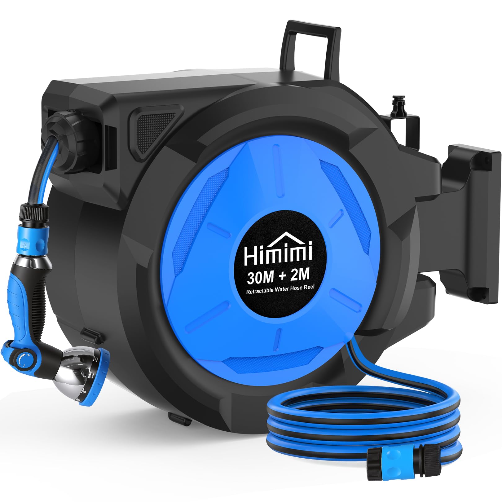 Himimi 30m+2m Retractable Garden Hose Reel Wall Mounted, Automatic Hose Pipe with 10 Function Spray Gun, Auto Rewind, Any Length Lock, 180° Swivel, Heavy Duty for Outdoor Watering & Garden Cleaning