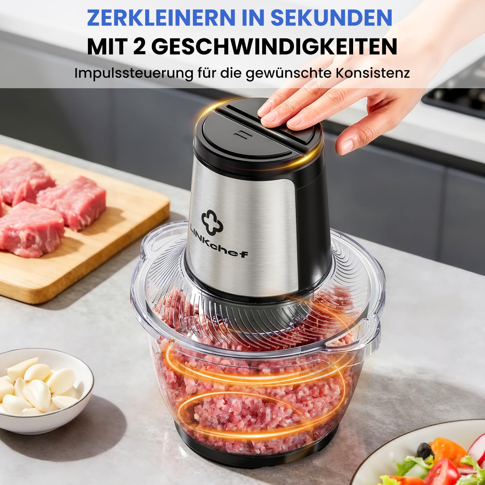 LINKChef Zerkleinerer Elektrisch 1,5L Glasbehälter, 2 Stufen, 3 Edelstahlklingen – Universalzerkleinerer für Fleisch, Gemüse, Nüsse & Babynahrung