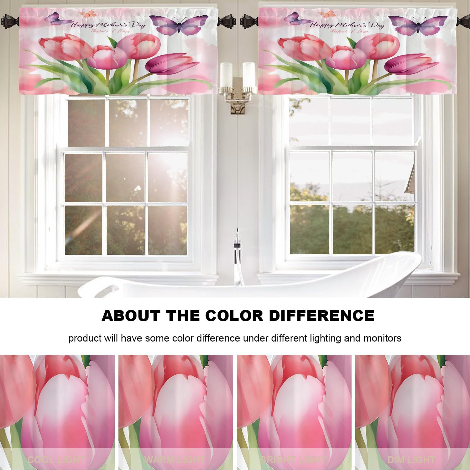 Happy Mother's Day Kitchen Valances for Windows, Pink Tulip Butterfly Watercolor Blackout Valances Curtains Multilayer Polyester Drapes for Kitchen Bedroom 2 Pack 52X18 Inches