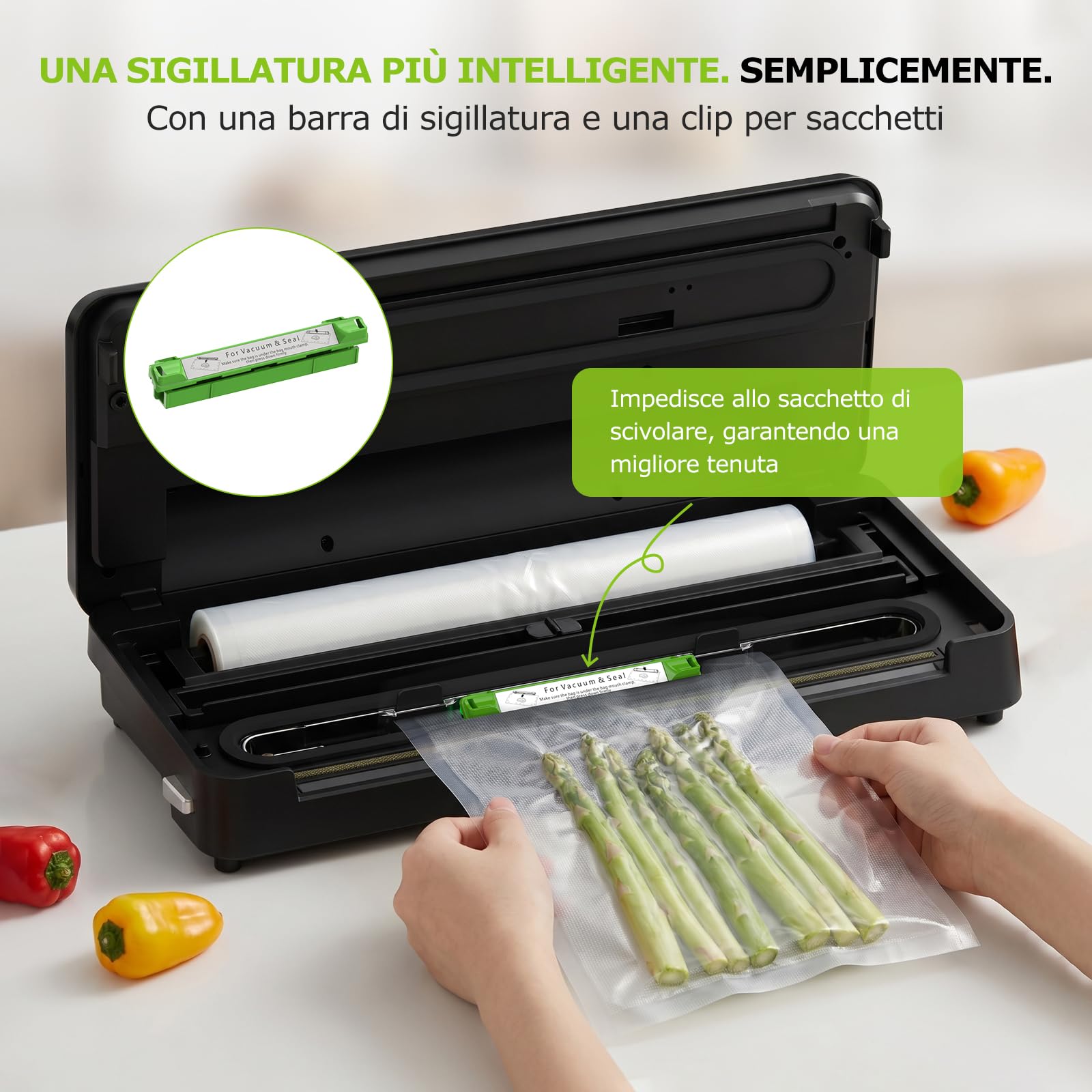 Bonsenkitchen Macchina Sottovuoto Alimenti, 125Watt, Taglierino Integrato | 4 Modalità di Funzionamento, Barra di Sigillatura Allargata, 1 Rotolo di Sacchetti, 5 Sacchetti Sottovuoto, VS3019
