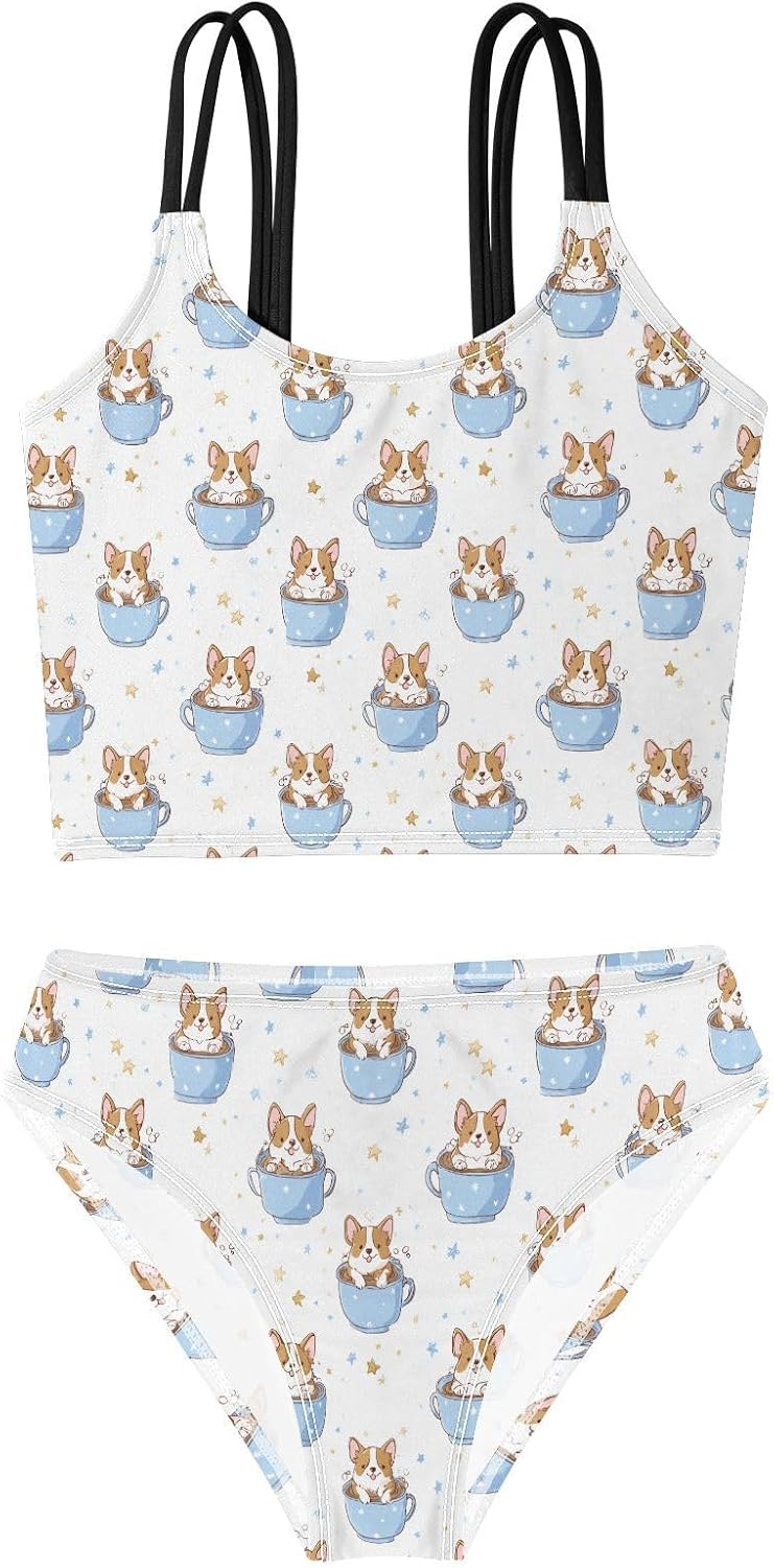 Girls Two Piece Swimsuits Cartoon Corgi Star Bikini Set Swimwear Kids Bathing Suit for Girls 5-12 Years