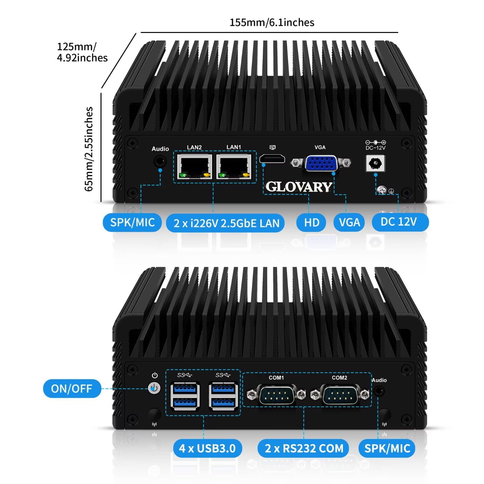 Fanless Mini PC N5105, DDR4 Barebone, 2 x i226V 2.5GbE Lan Firewall Industrial PC, Linux Micro Desktop Computer for Home Office, HD VGA, 2 x RS232 COM, 4USB3.0 Port, Auto Power On