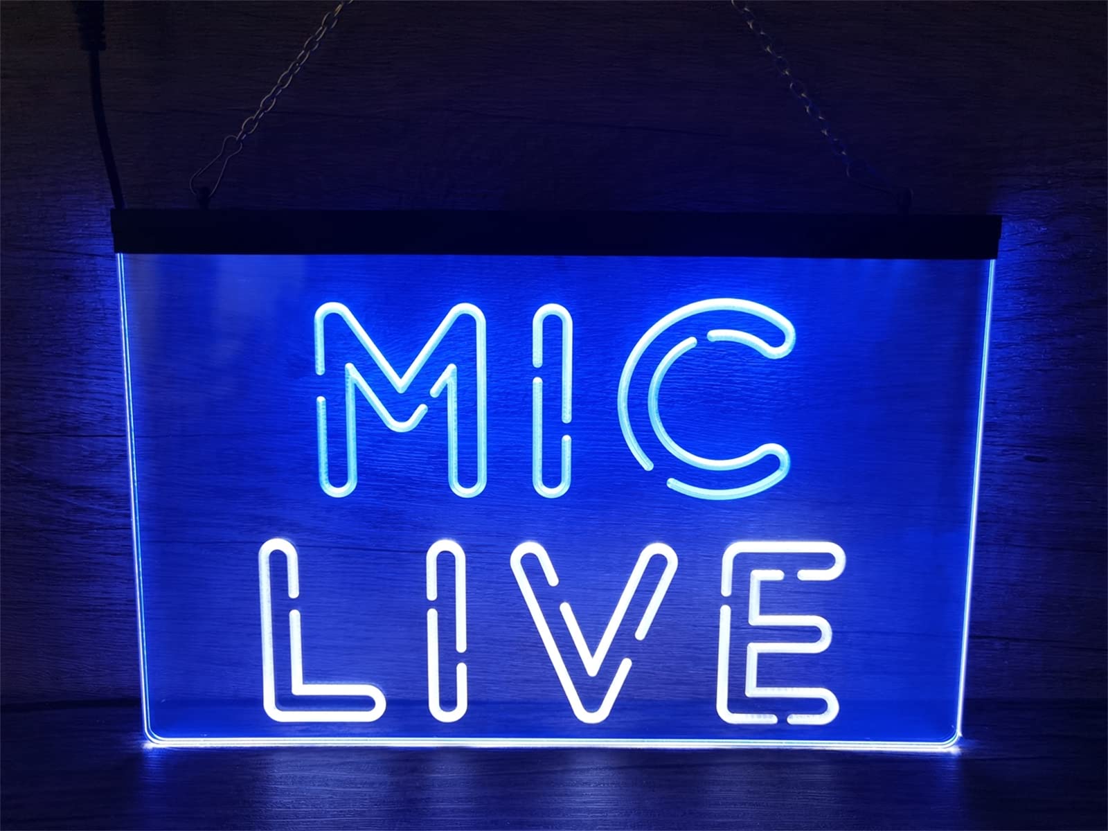 REWIS Mic Live LED Neon Sign, Custom USB Powered Dual Color 3D Engraved Neon Lights with Dimmer, for on Air Live Recording Studio Wall Hanging Dimmable Decorative,White Blue,30x20cm