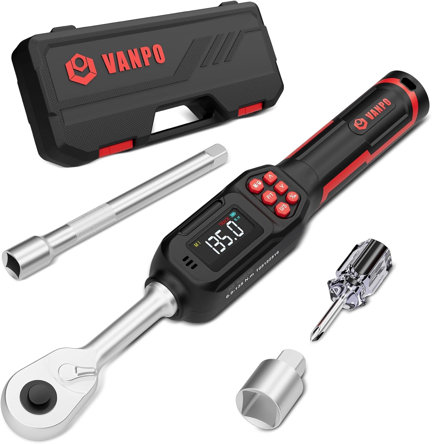 VANPO Digital Torque Wrench 3/8-Inch,5-99.6 Ft-Lb/6.8-135 Nm, Electronic Torque Wrench with Color Screen,Buzzer and LED Alertm, Preset & Data Storage for Car, Motorcycle, Bike Maintenance