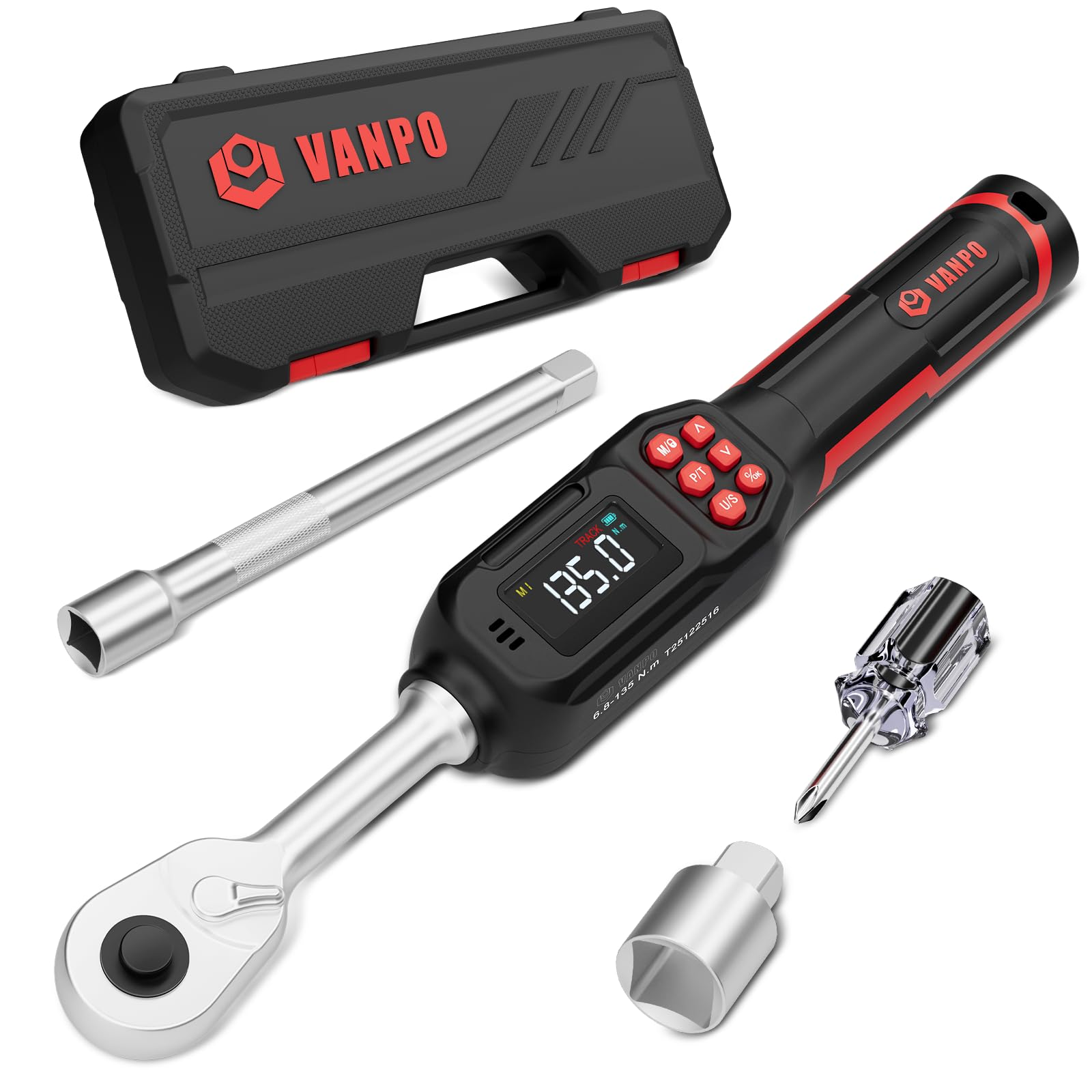 VANPO Digital Torque Wrench, 3/8", 5–99.6 ft-lb, Short Handle