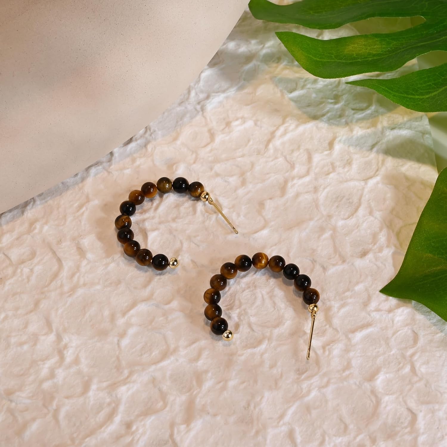 14K Gold Plated Tiger Eye Turquoise Hoop Earrings Gemstone Stud Earrings for Women Beaded Hoop Earrings for Gift - Image 4