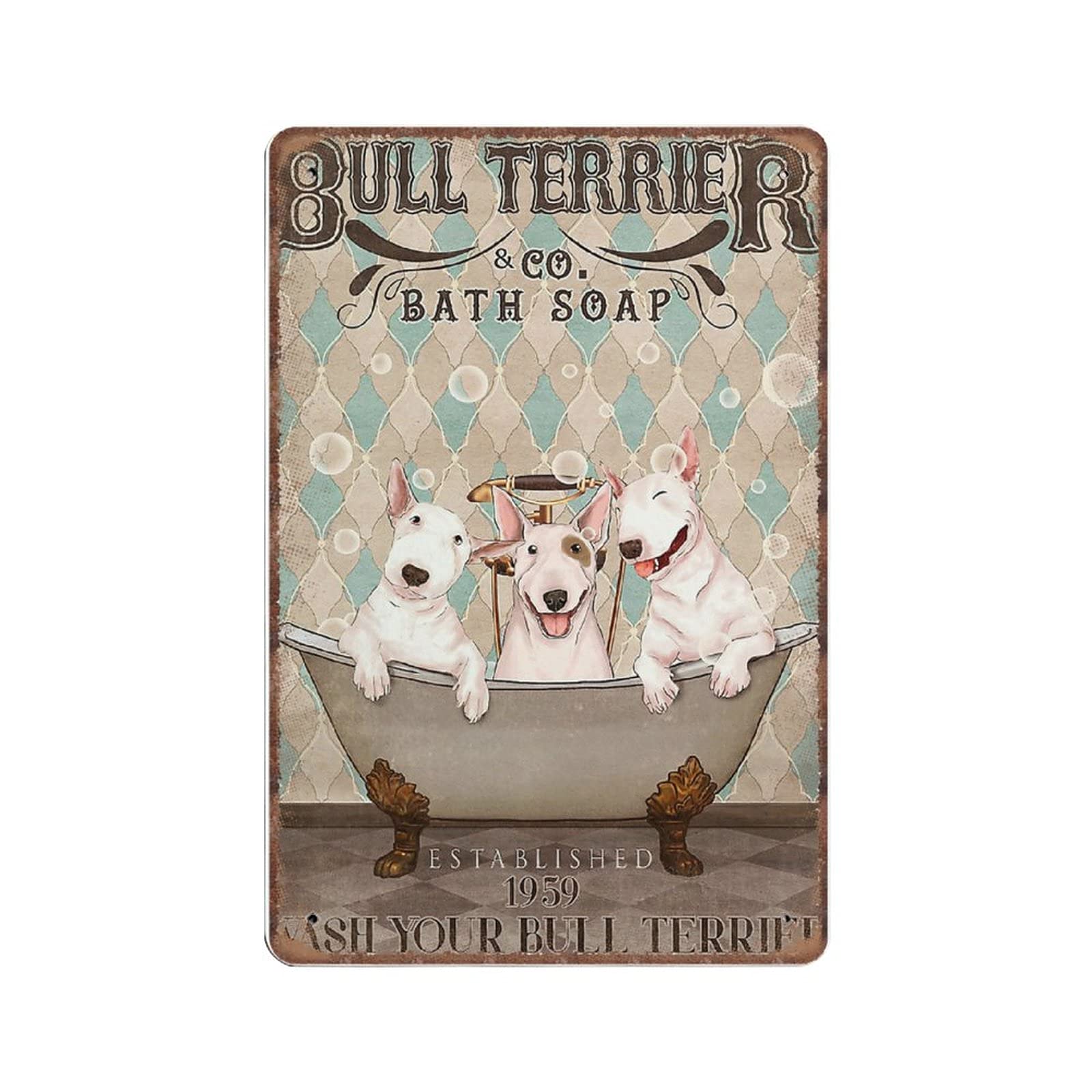 Bull Terrier Bath Soap Company Tin Signs, Dog Lover Gift, Dog Bull Terrier Lovers Funny Vintage Metal Sign Plaqu Poster Wall Art Pub Bar Kitchen Garden Bathroom Home Decor, 140x200 mm
