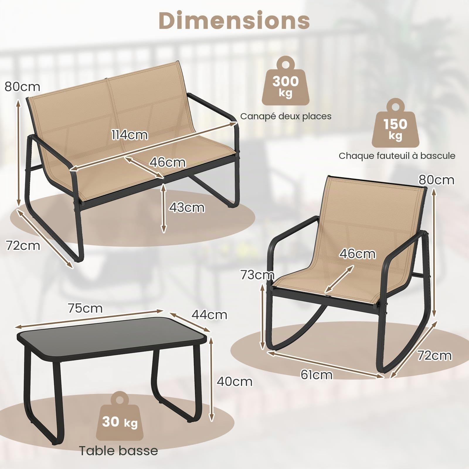 GIANTEX Salon de Jardin 4 Personnes, Table Extérieure avec 2 Chaises à Bascule en Tissu Respirant, 1 Canapé, Table Basse en Verre, Mobilier Jardin pour Balcon, Cour, Piscine (Marron)