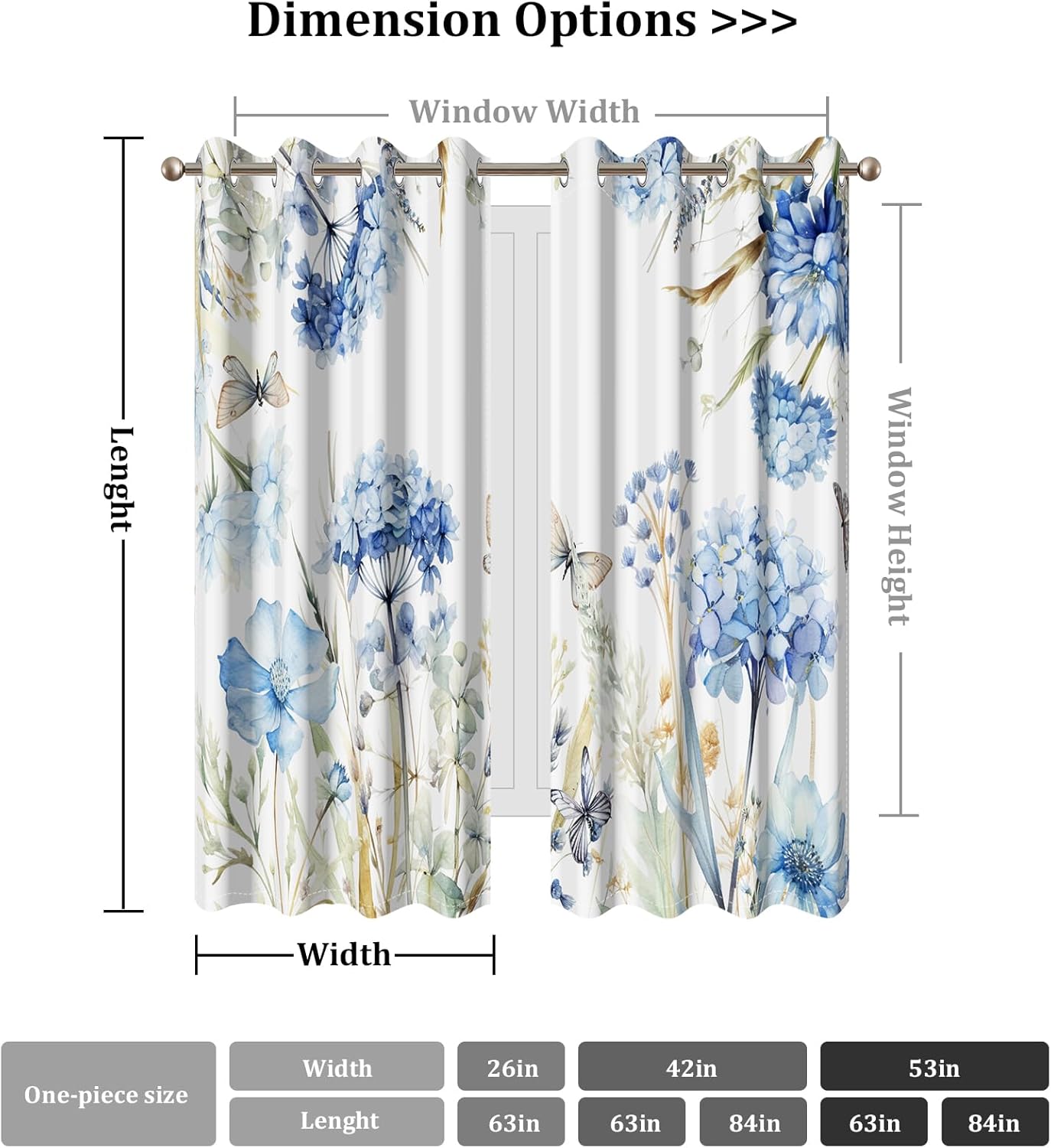 AWERT Floral Printed Blackout Curtains 84 Inches Long 2 Panels Blue Flowers Blossom Hydrangea Butterflies Romantic Window Treatments for Bedroom Living Room Thermal Insulating Each Size 53x84 Inches