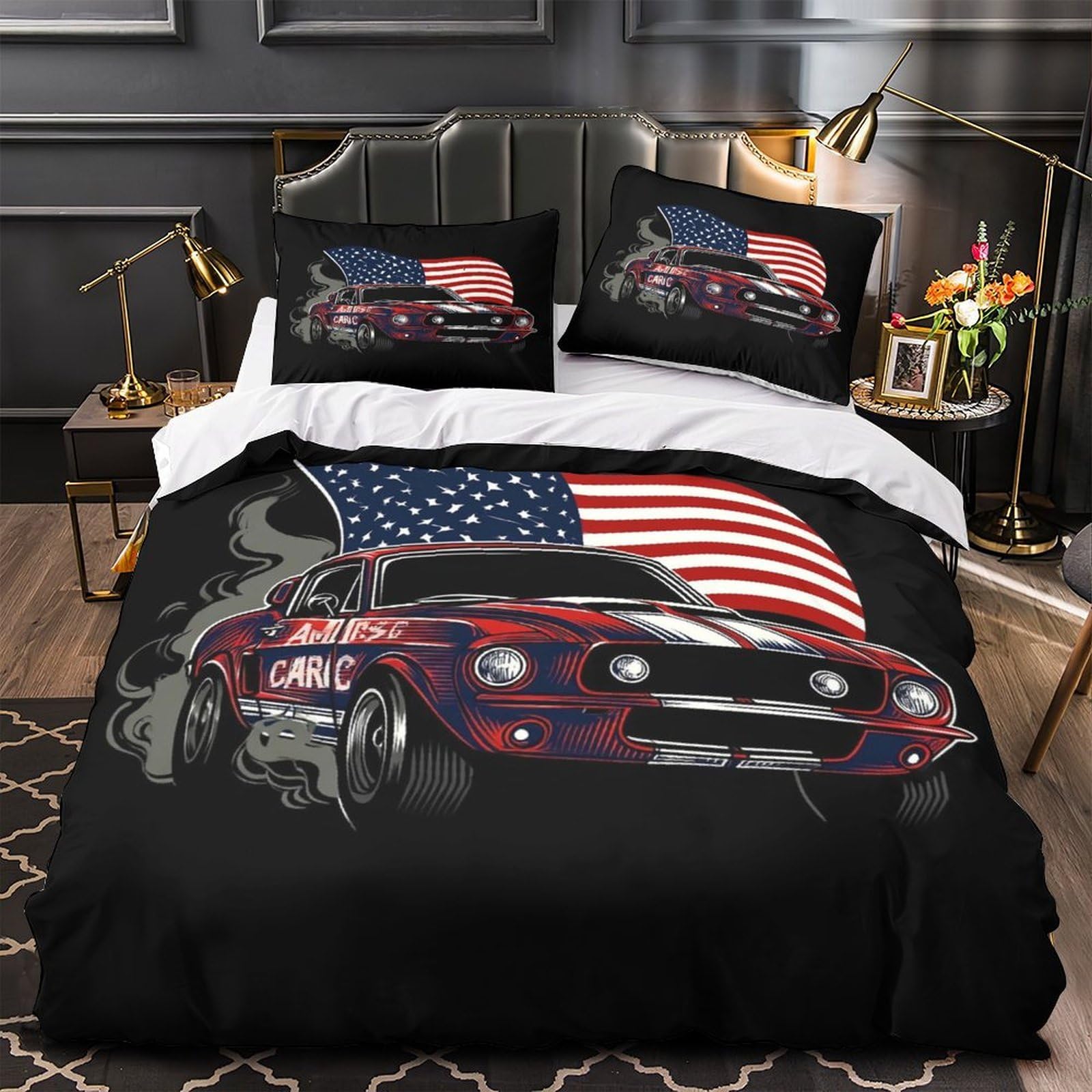 Voiture de muscle car parure de couette retro americain en microfibre avec 2 taies super king