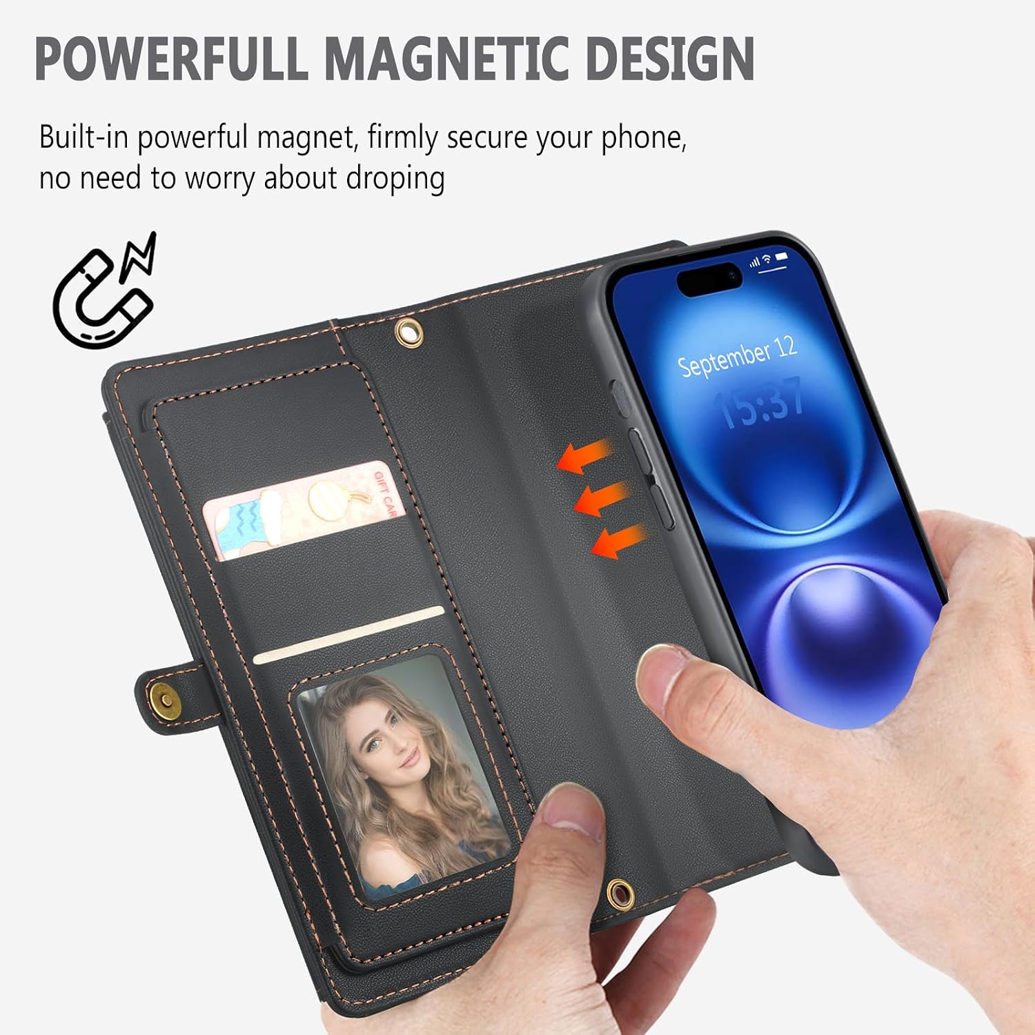 Wallet Case for iPhone 16 with Card Holder/Crossbody Wallet/Strap,[RFID Blocking][Magnetic] PU Leather Shockproof Protective Cover iPhone 16 Phone Case,6.1in,Black