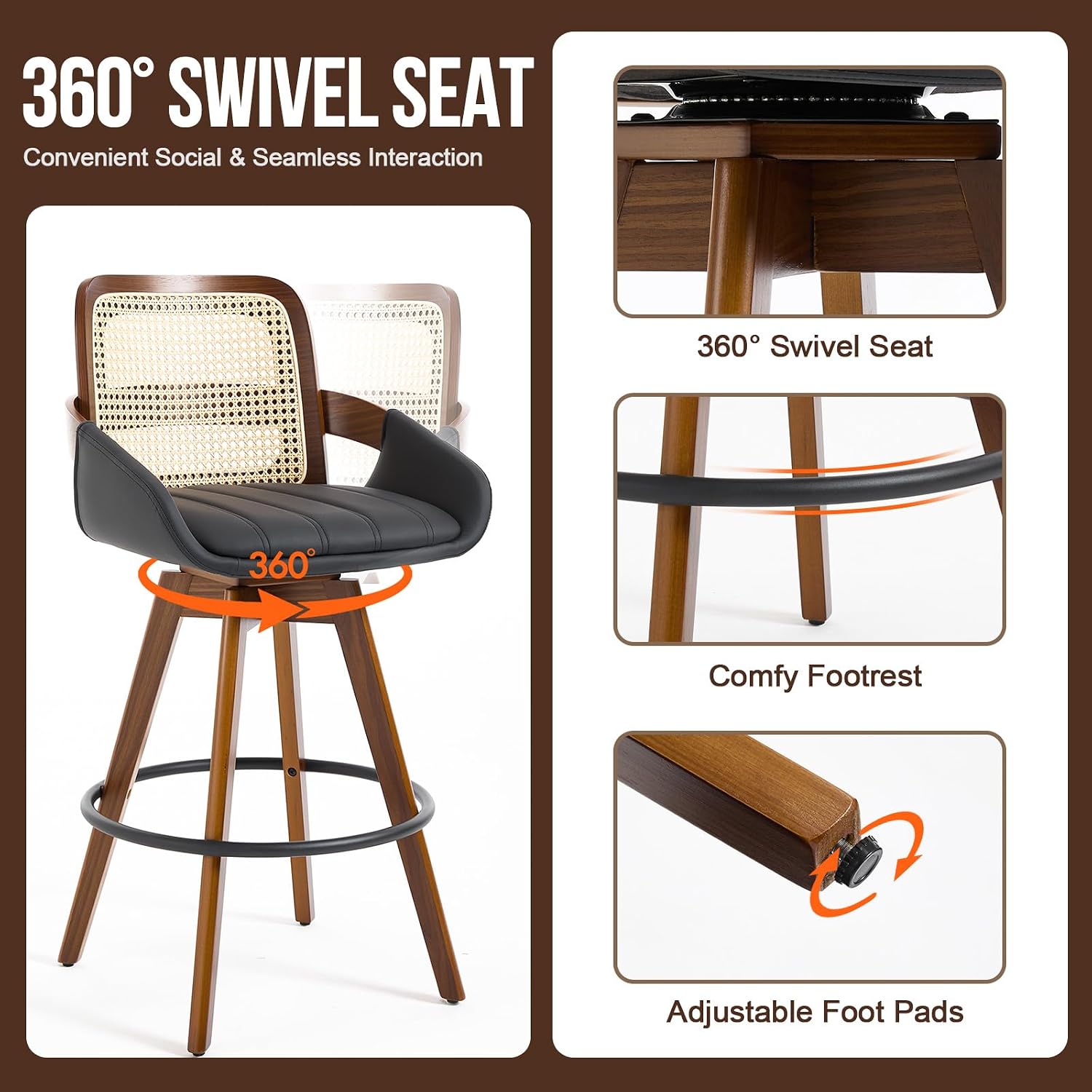 Misshappy Swivel Bar Stools with Rattan Back and Arms, Faux Leather Upholstered Seat, Walnut Wood Frame, Counter Height (Black)