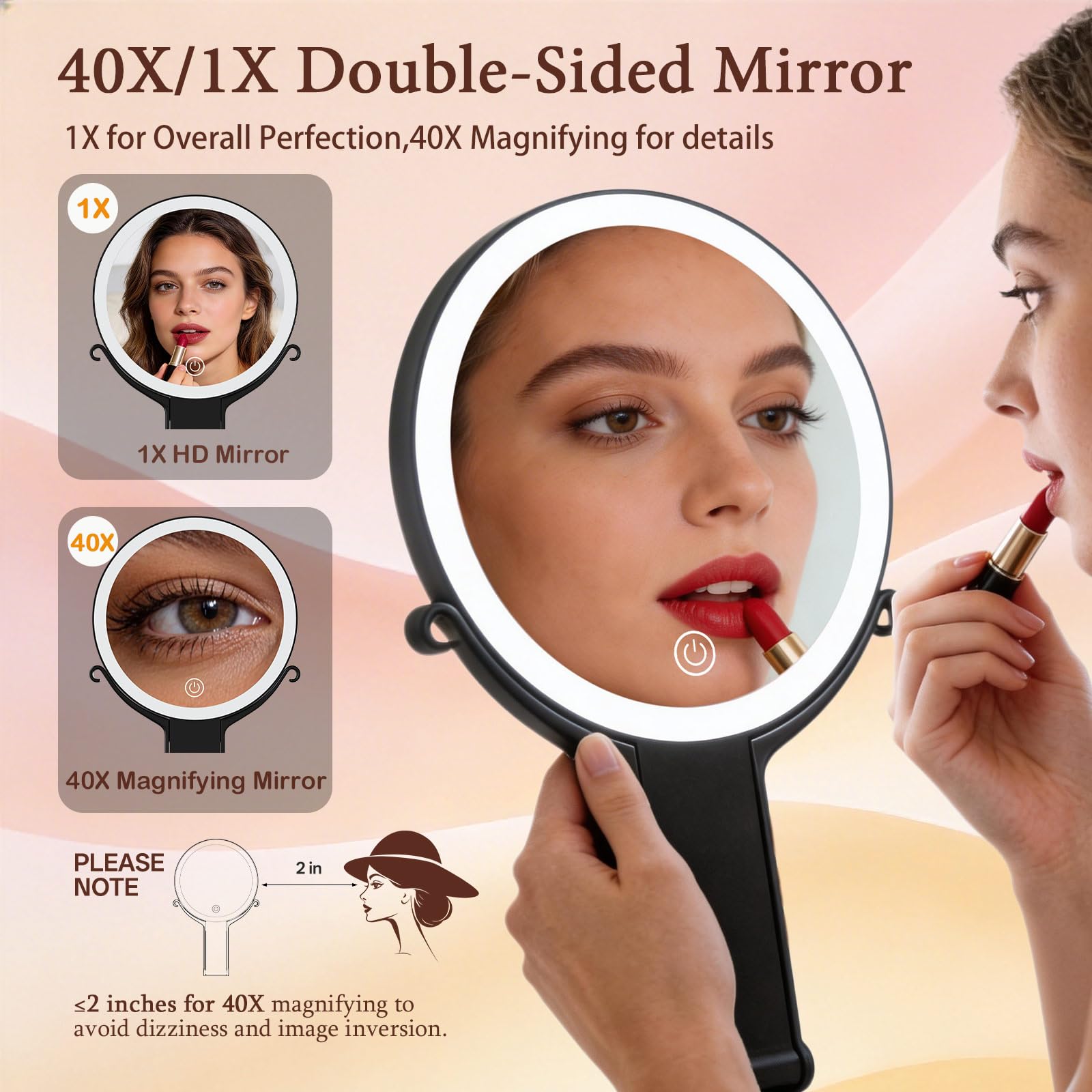 Black Handheld Makeup Mirror with Lights, Rechargeable Double-Sided Magnifying Mirror