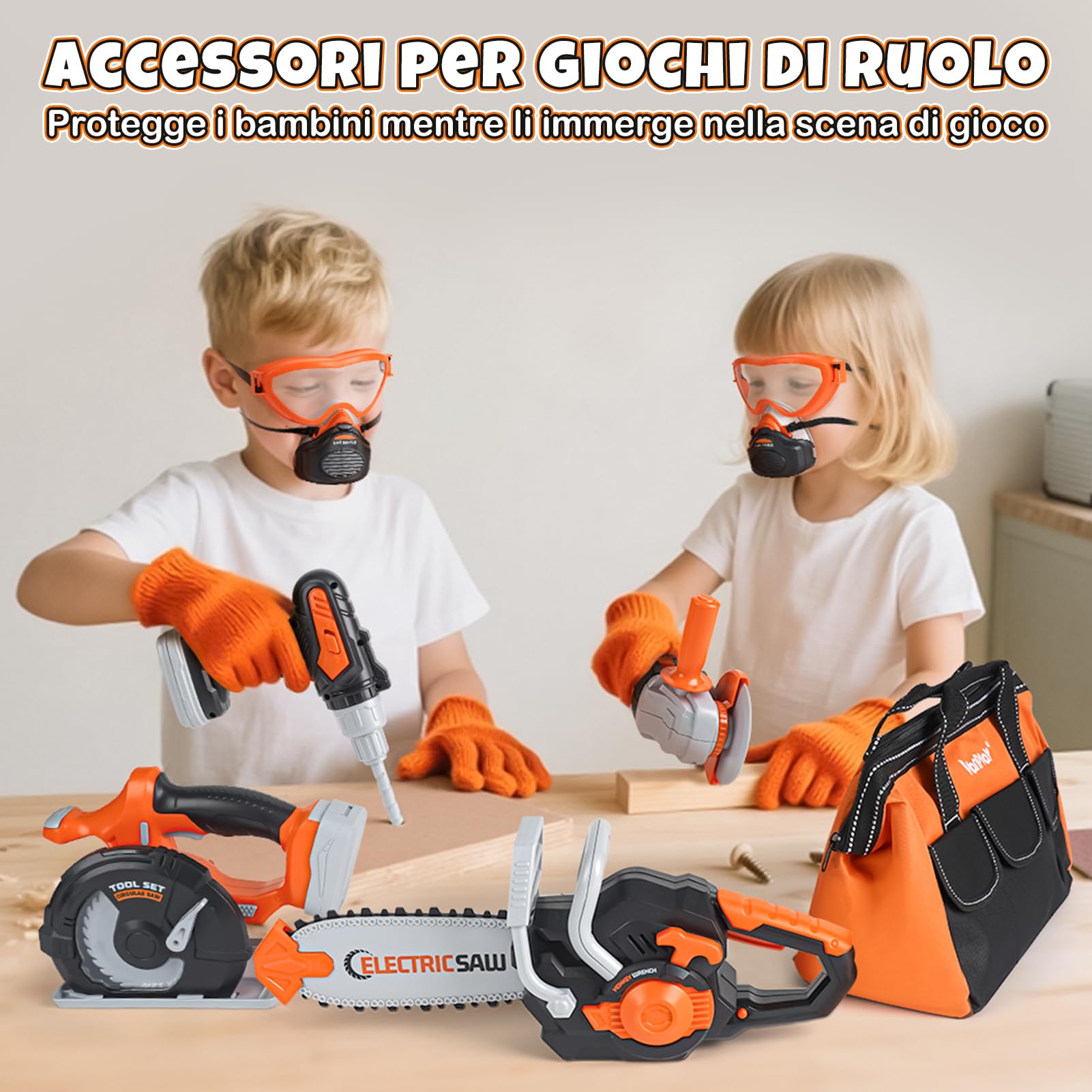 Vanplay Attrezzi Giocattolo per Bambini Modello di Lusso, Regalo Giocattolo per Bambini Piccoli dai 3, 4, 5 anni con Trapano Elettrico, Motosega, Smerigliatrice Angolare, Sega Circolare, Borsa Portaog