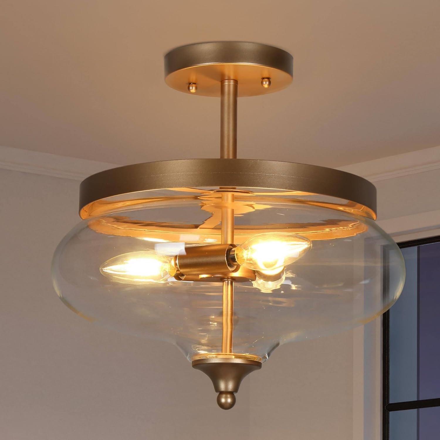 classy leaves Semi Flush Mount Ceiling Light, 3-Light Gold Close to Ceiling Light Fixtures Modern Ceiling Lights with Clear Bowl-Shaped Glass for Kitchen Hallway Entryway