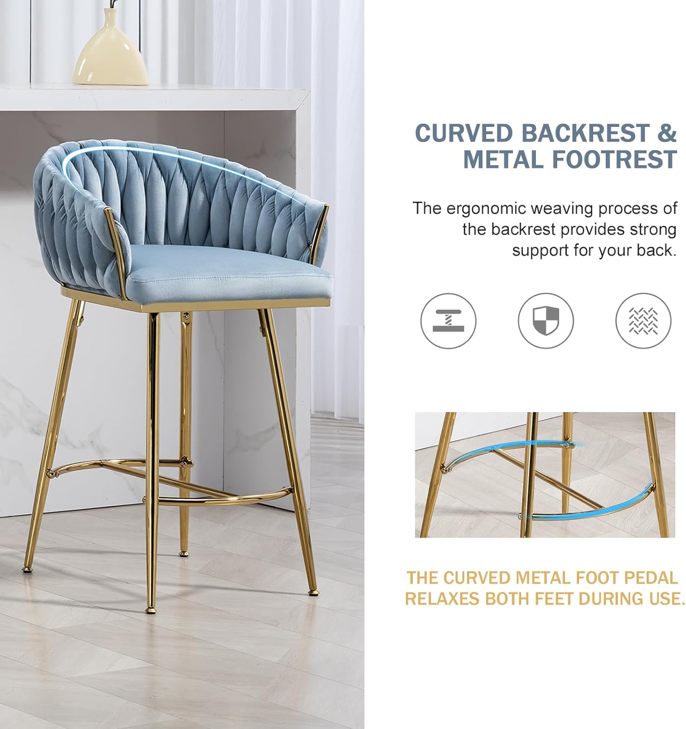 Kiztir Velvet Bar Stools Set of 2, Counter Height Bar Stools with Gold Metal Legs, Modern Bar Stools with Woven Back and Footrest for Kitchen Island, Cafe, Pub (Blue, Set of 2)