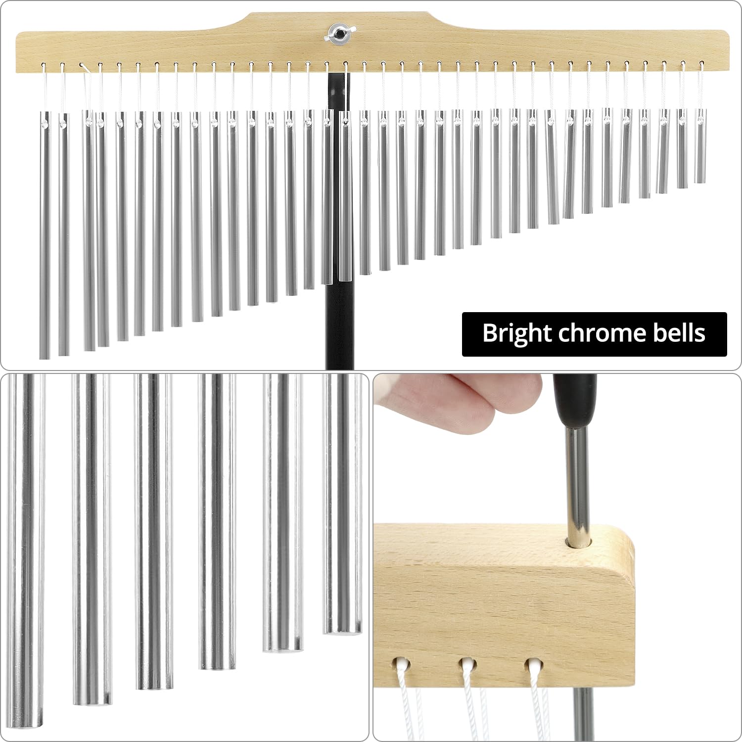 QWORK 36 Töne, 36 Töne, 36-Bar Chimes mit 0,7-1,3 m verstellbarem Montageständer – Crisp Sound Chrome Glocken, zusammenklappbarer Stativfuß, geeignet für Schule, Chor und Bands