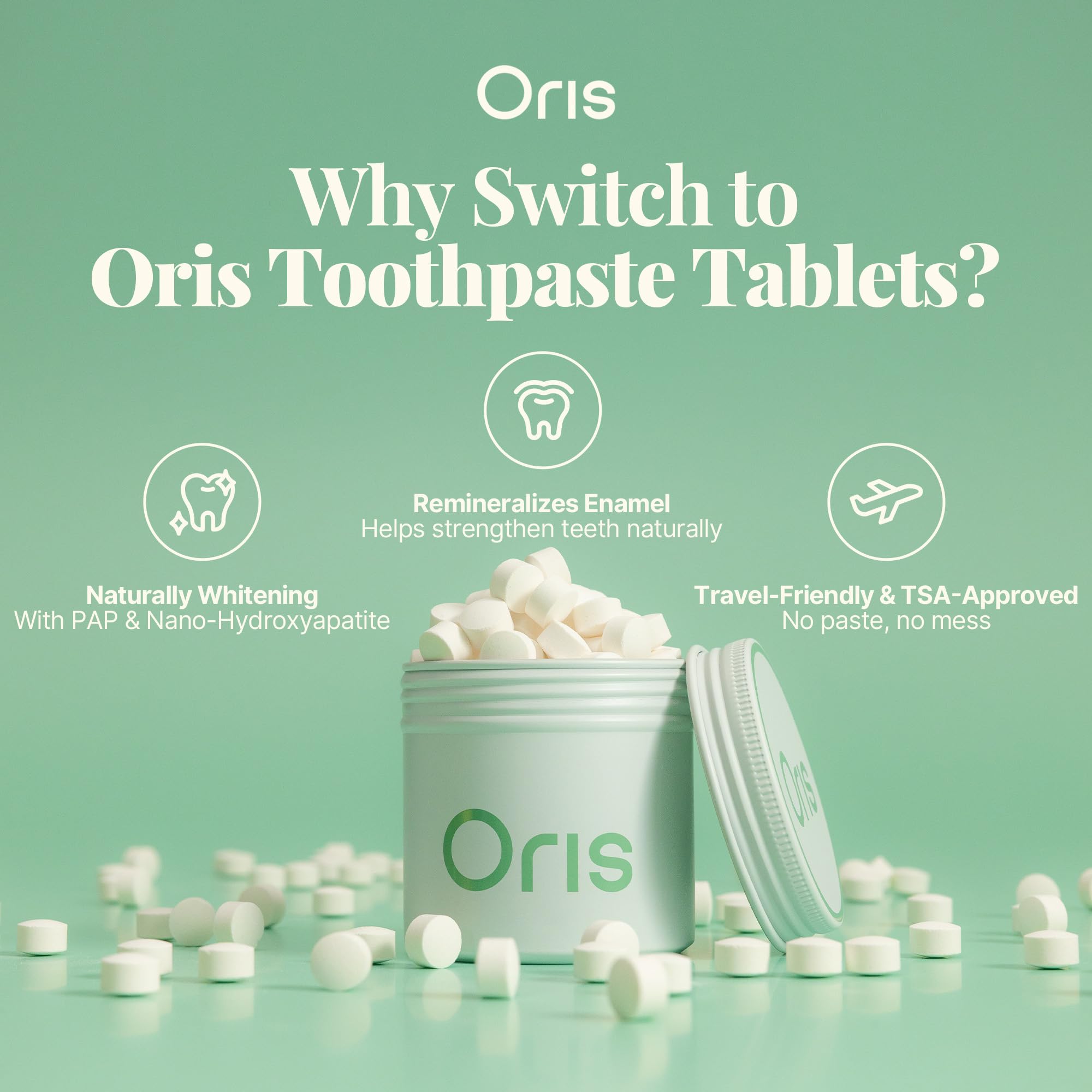 Oris Starter Bundle – Suministro de 1 mes: tabletas de pasta de dientes natural | Sin flúor, apto para viajes, seguro para niños con nanohidroxiapatita fortalecedora de esmalte (62 unidades (paquete