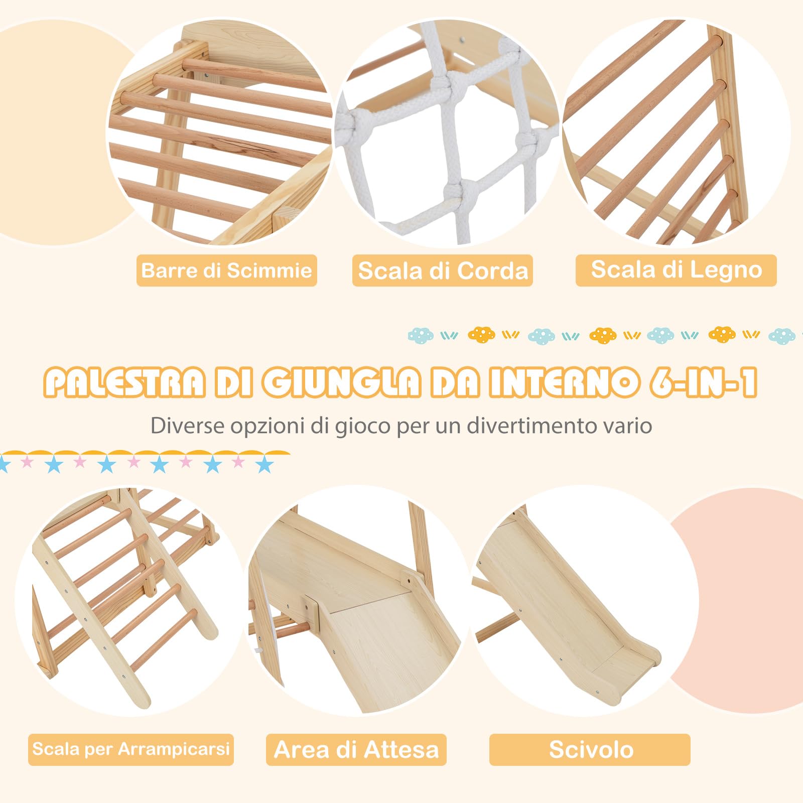 COSTWAY 6 in 1 Set Arrampicata per Bambini, Palestra in Legno con Barre di Scimmia Scivolo Corda e Scale in Legno, Parco Giochi per Bambini 1+ Anni (Naturale