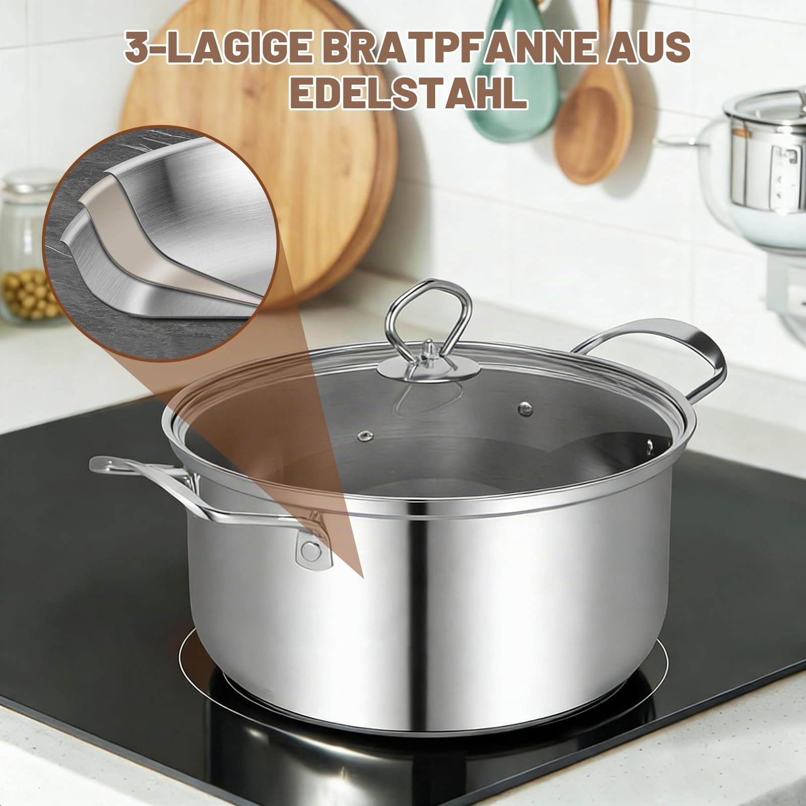 Topfset Induktion 10-Teilig, Topfset aus Edelstahl mit Glasdeckel und Stielkasserolle, Induktions Töpfe set, für alle Herdarten, unbeschichtet,Induktion Topf Kochtopf Set,Silber
