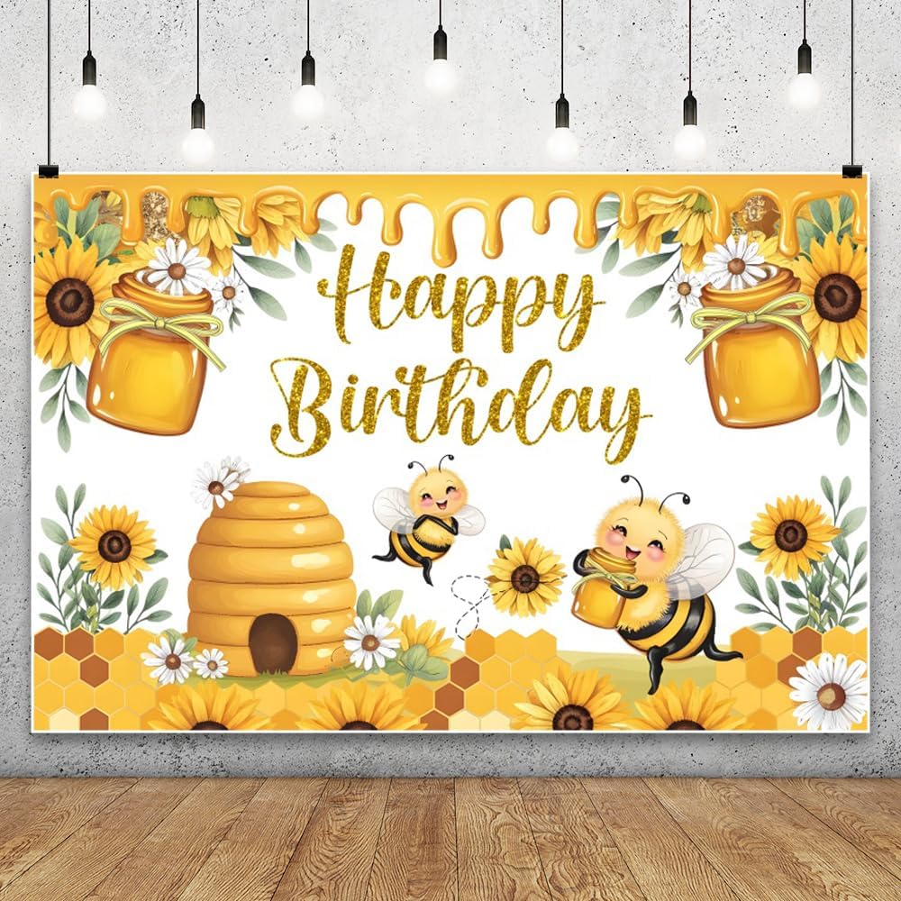 YongFoto Happy Bee Day Backdrop 5x3ft Yellow Honeycomb Beehive Flowers Sunflower Photography Background Baby Girl Boy Kids Birthday Party Banner Cake Table Decor Photoshoot Wallpaper Booth Props 5ftx3ft Style 2
