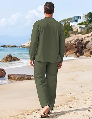 Miniatura 7 de COOFANDY Conjunto de 2 piezas de lino para hombre, camisas Henley de manga larga, pantalones casuales de playa con bolsillos, trajes de yoga de