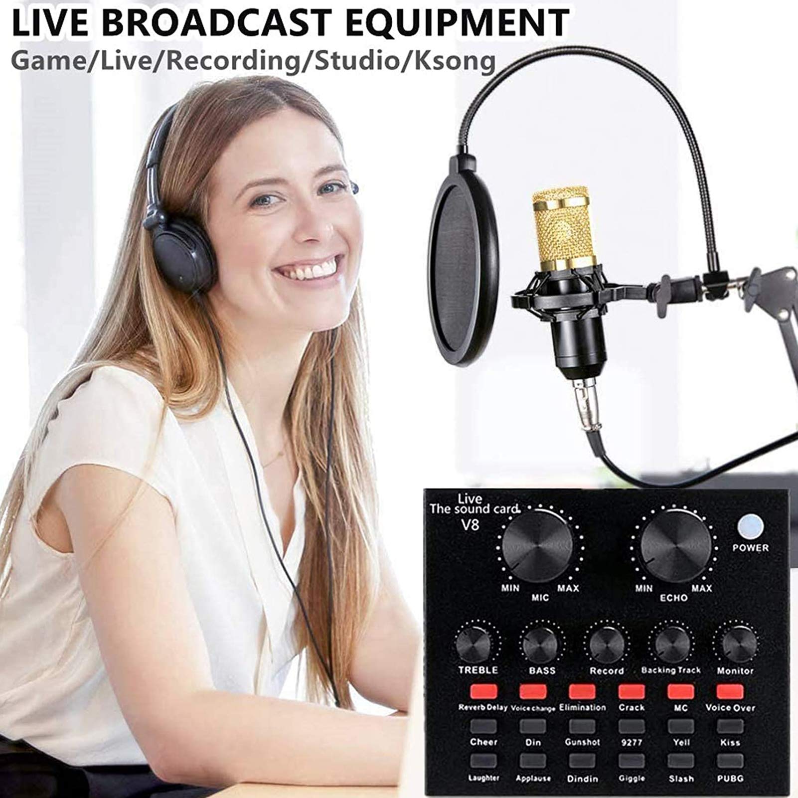 MRKU Pacchetto Microfono a condensatore, Kit Microfono con Scheda Audio Live, Braccio a Forbice con Sospensione Microfono Regolabile, Supporto Antiurto in Metallo e Filtro Anti-Pop a Doppio Strato
