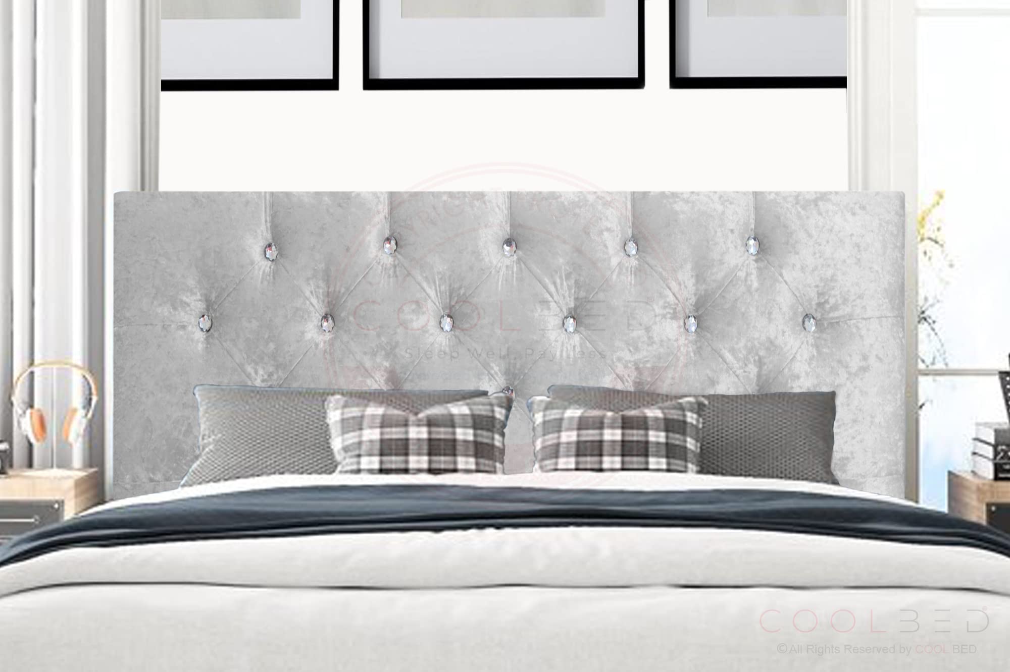 Crushed Velvet Chesterfield Divan Bed Headboards 20โ or 24โ Height Upholstered Headboard (Small Double (4') - 24" (H), Silver Crushed)