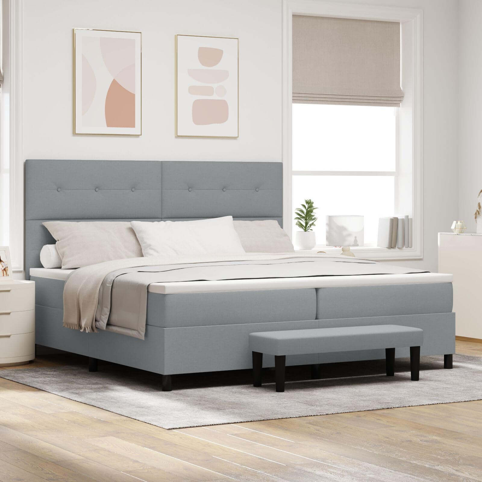 Letto Boxspring con Materasso e Panchina Grigio Chiaro Letto Multifunzione Struttura letto per camere da letto Adatto per hotel e studi 200x200 cm Tessuto