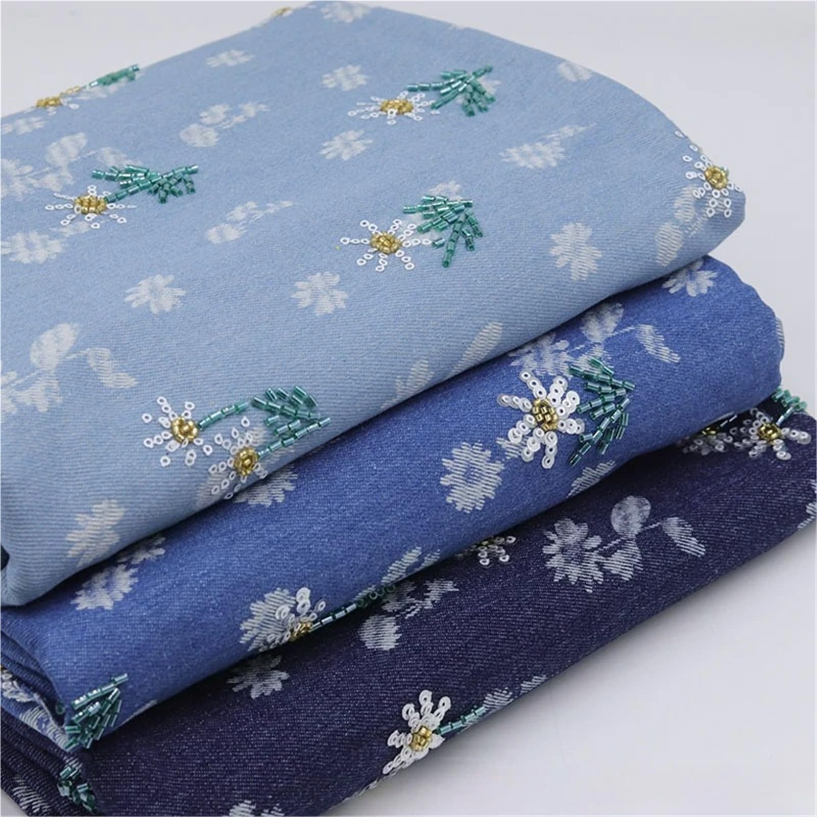 Tela Vaquera De AlgodóN Tela vaquera bordada con cuentas florales for coser chaquetas abrigos bolsos ropa Tela De Costura(Light Blue,90cmX150cm (1yard))