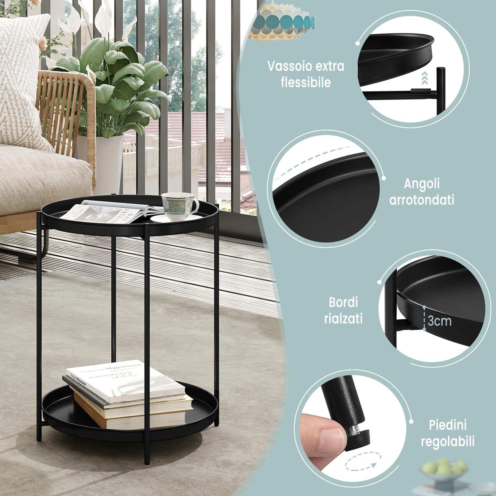 WOLTU Tavolino Salotto Rotondo, Tavolino da Divano con 2 Ripiani Rimovibili, Tavolino Basso, Comodino, Tavolino Laterale per Soggiorno, Camera da Letto, in Metallo, Nero, BTS17sz