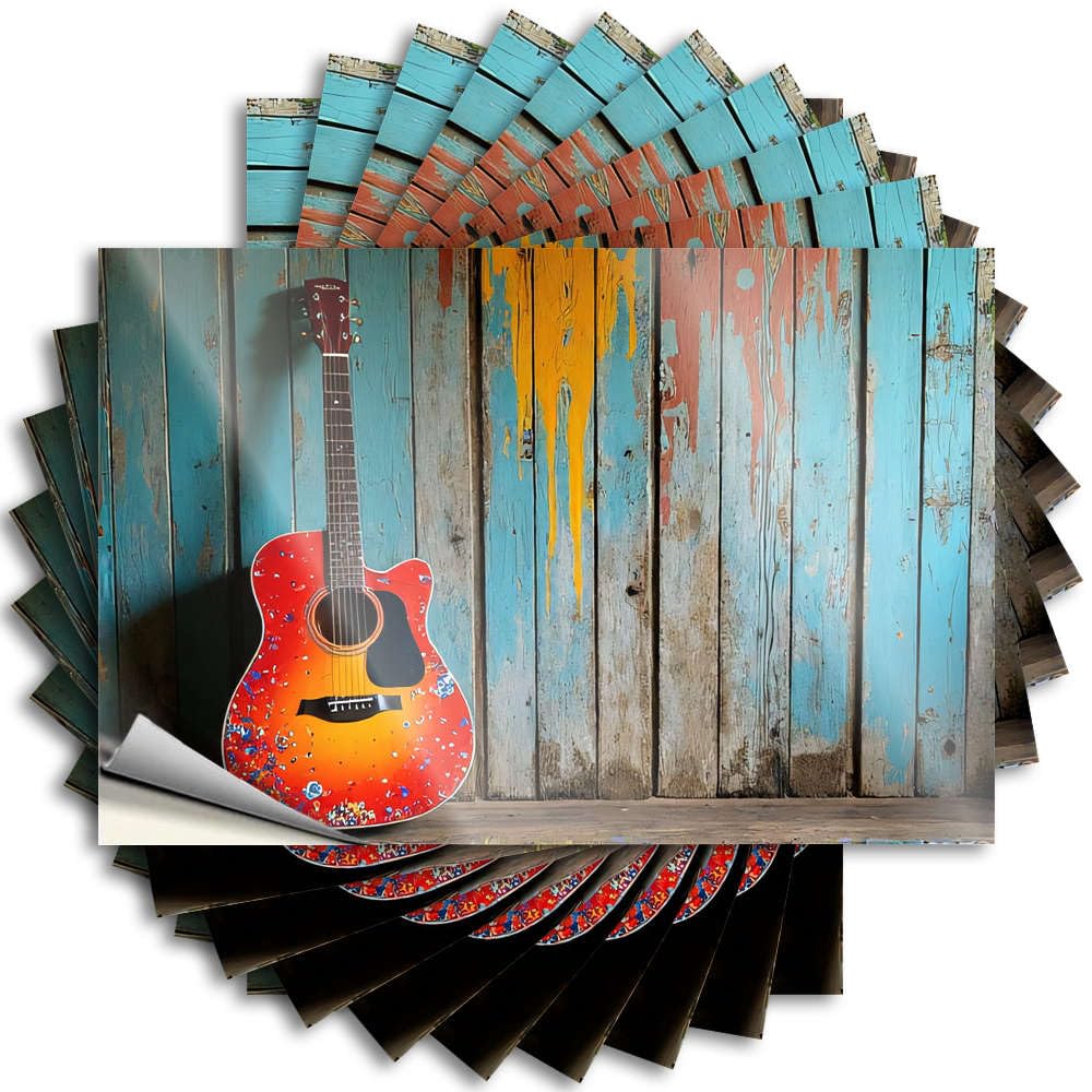 Book Tattoo Aesthetic Decals, Farmhouse Cute Pattern Design for Football Notebook | Window Removable Vinyl A Colorful Guitar Leans Against A Rustic(6X9CM)