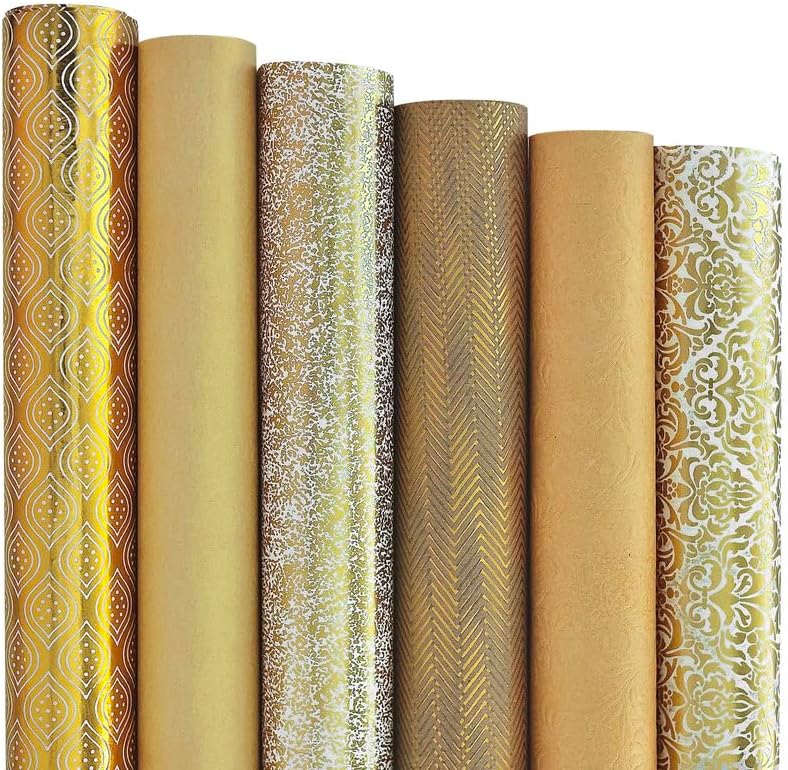 Premium Gift Wrapping Paper Sheets (Gold, Pack of 6)|Gift Wrap with Tags, Ribbon Bows and Confetti| Festive Gift Packing Material for Birthday, Wedding, Anniversary