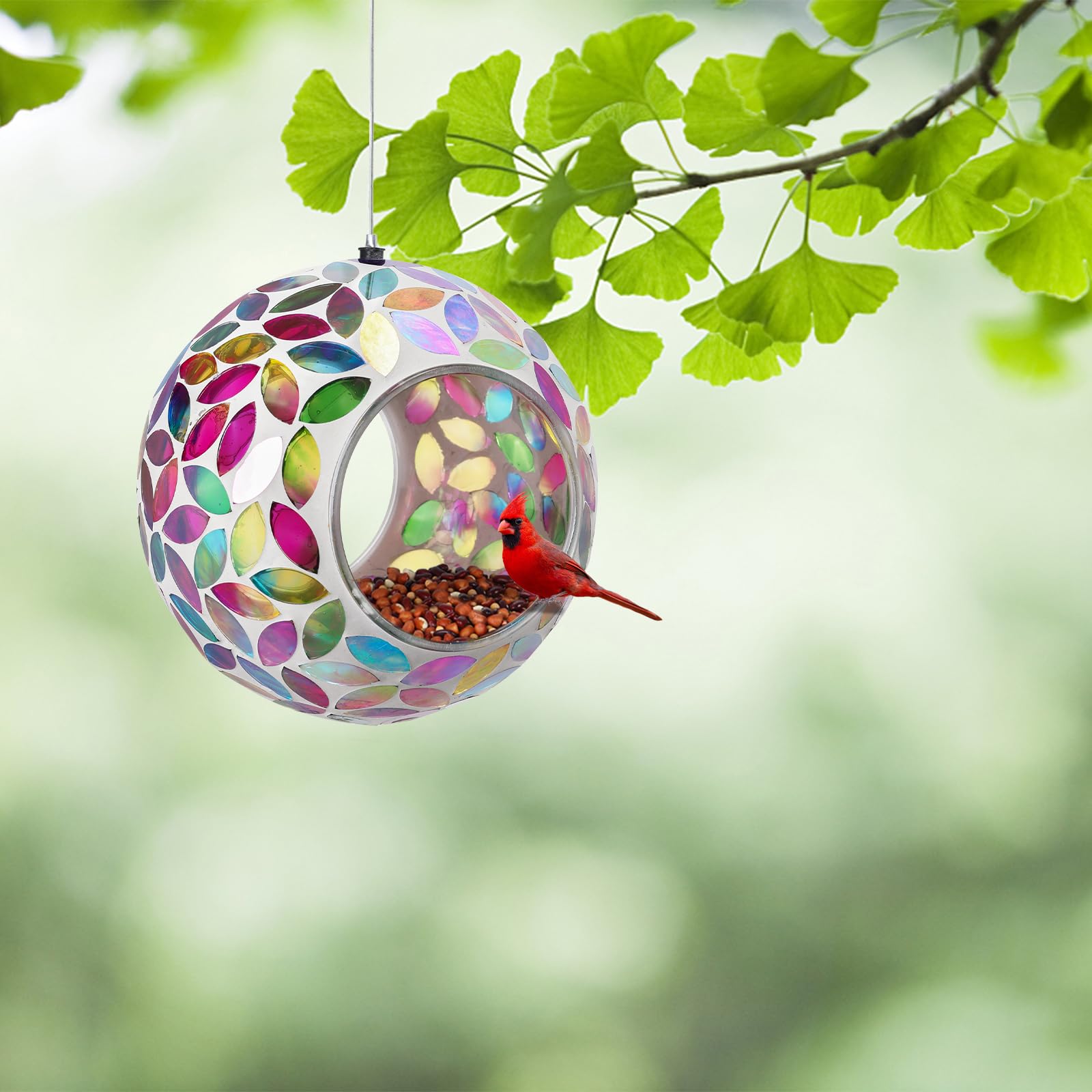 Yinns Vogelfutterstation – Mosaik-Glas-Vogelfutterstation zum Aufhängen, Fliegen-Durchfliegen mit ovalem Buntglas, Gartendekoration, 16,5 cm, bunt