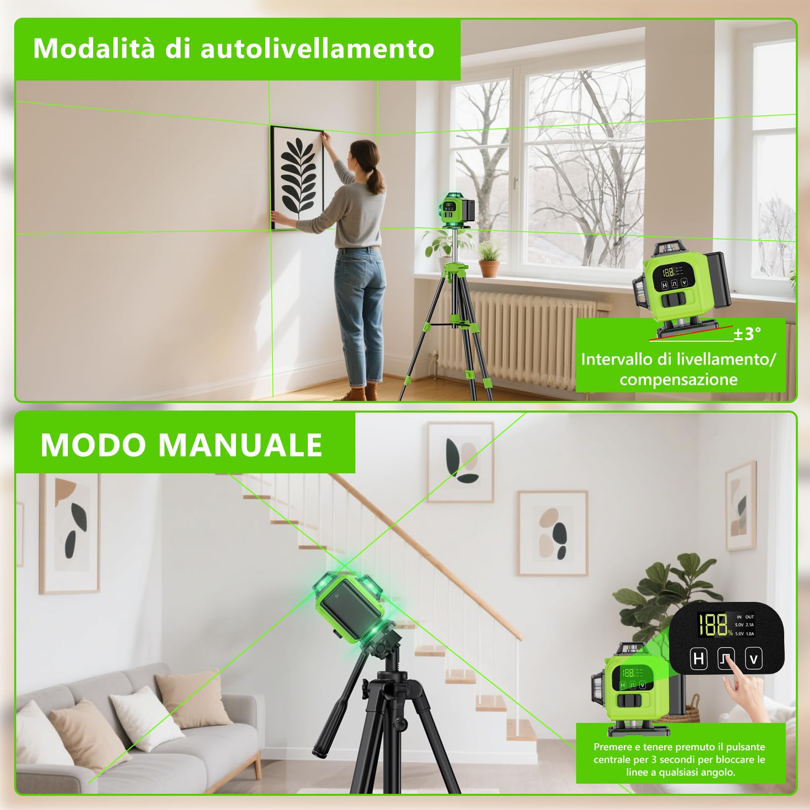 Livella Laser Autolivellante 16 Linee con Treppiede, 4 X 360 °Livello Laser Autolivellante Verde, 2 x Batterie, Autolivellante, Supporto rotante, Telecomando