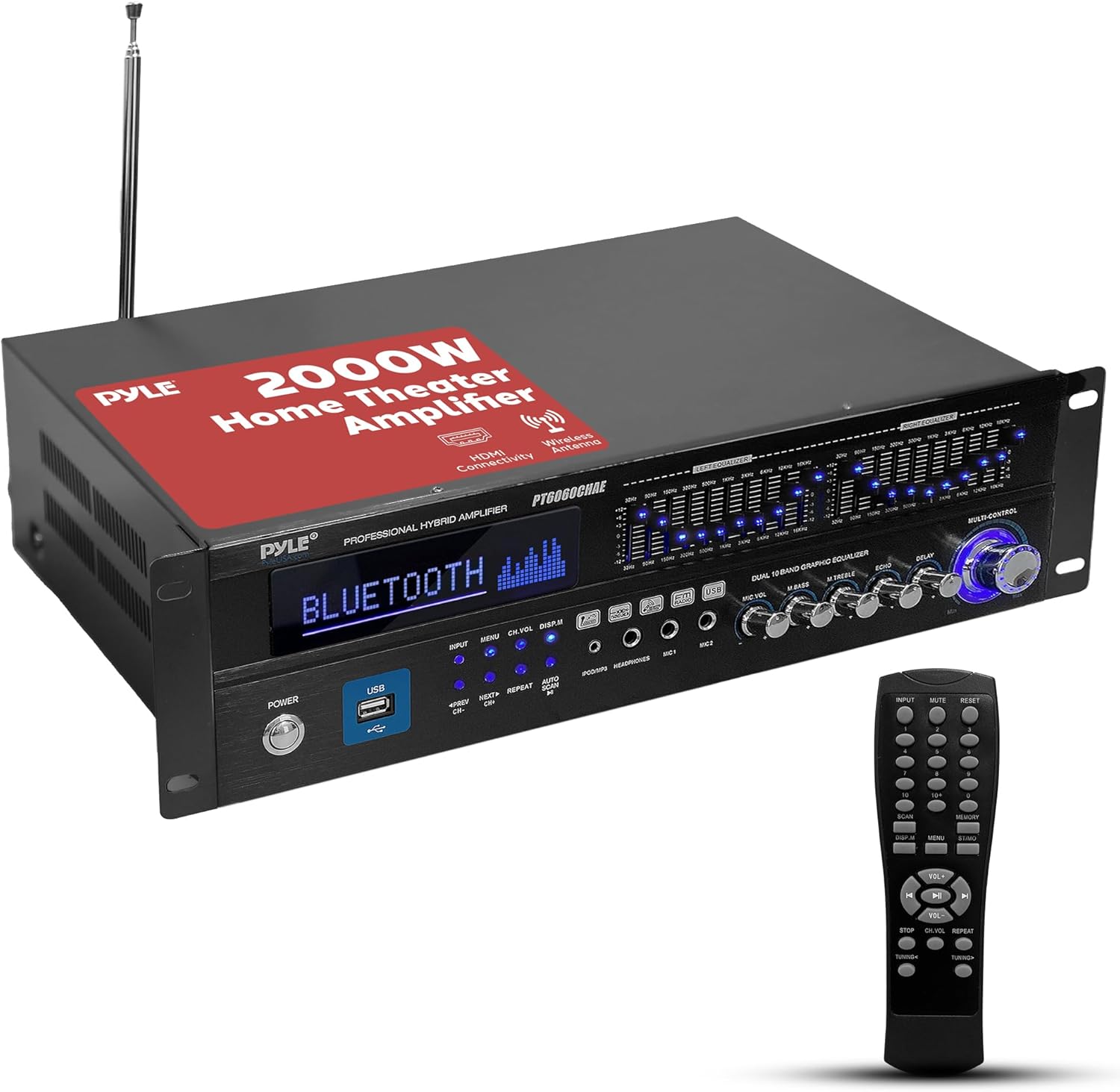 Pyle 2000W Bluetooth 5.0 - 6-Channel Home Amplifier - Rack Mount Stereo Receiver with Radio - USB/AUX/RCA/Mic - Optical/Coaxial - AC-3 - DVD Inputs - Dual 10-Band EQ - PT6060CHAE