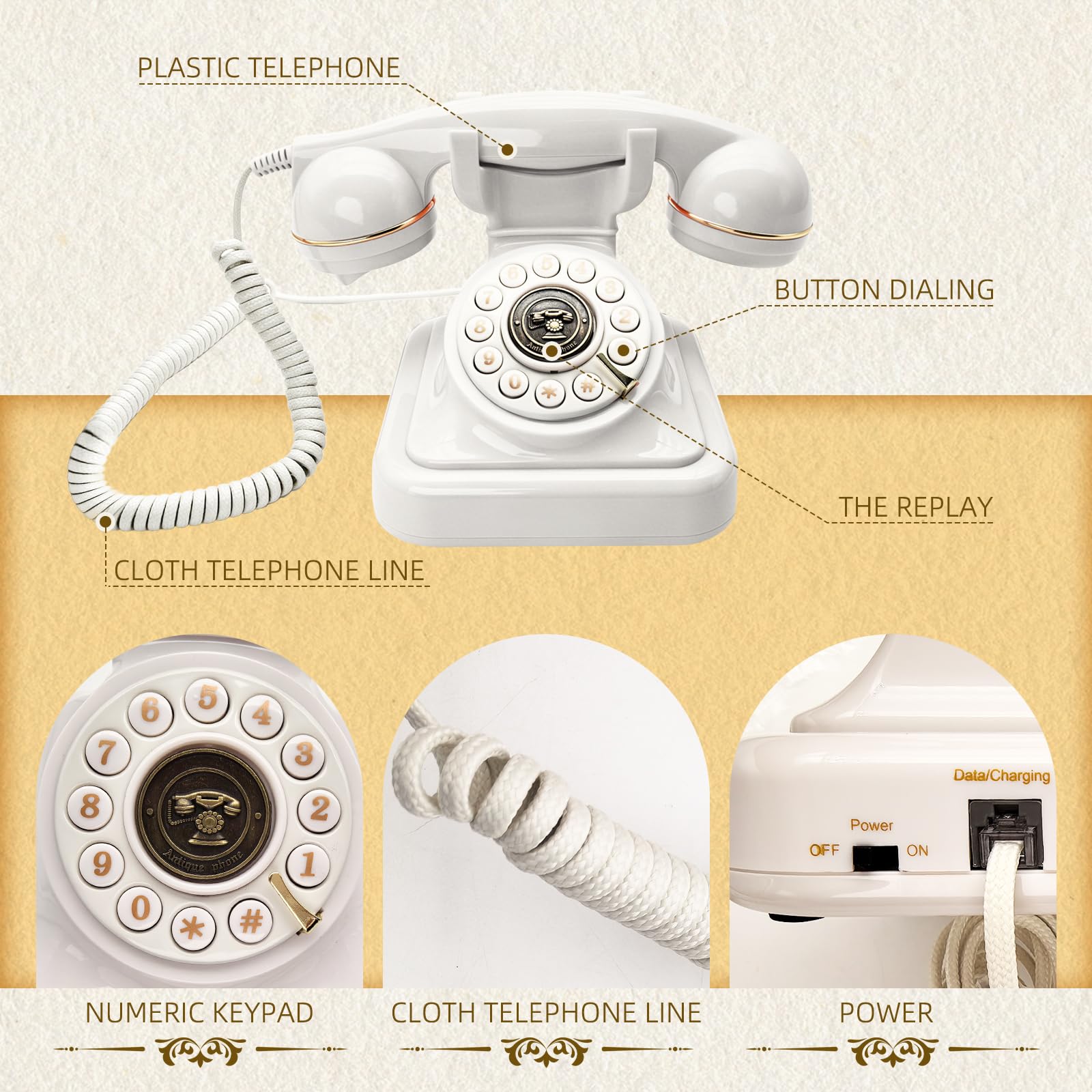 Europäisches Retro Telefon, Vintage Tastentelefon mit Einstellbarer Klingellautstärke und Wahlwiederholung, schnurgebundenes Telefon für Zuhause, Büro, Café Dekoration (Weiß)