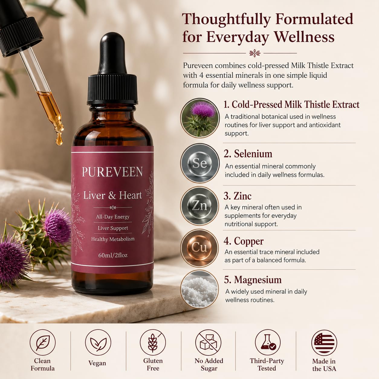 PUREVEEN Liver Support Liquid Drops, Liver Cleanse Detox & Repair Drops with Cold-Pressed Milk Thistle Extract & 4 Essential Minerals, Immunity Support & Daily Cleanse 2 Fl Oz — Amazon image 5