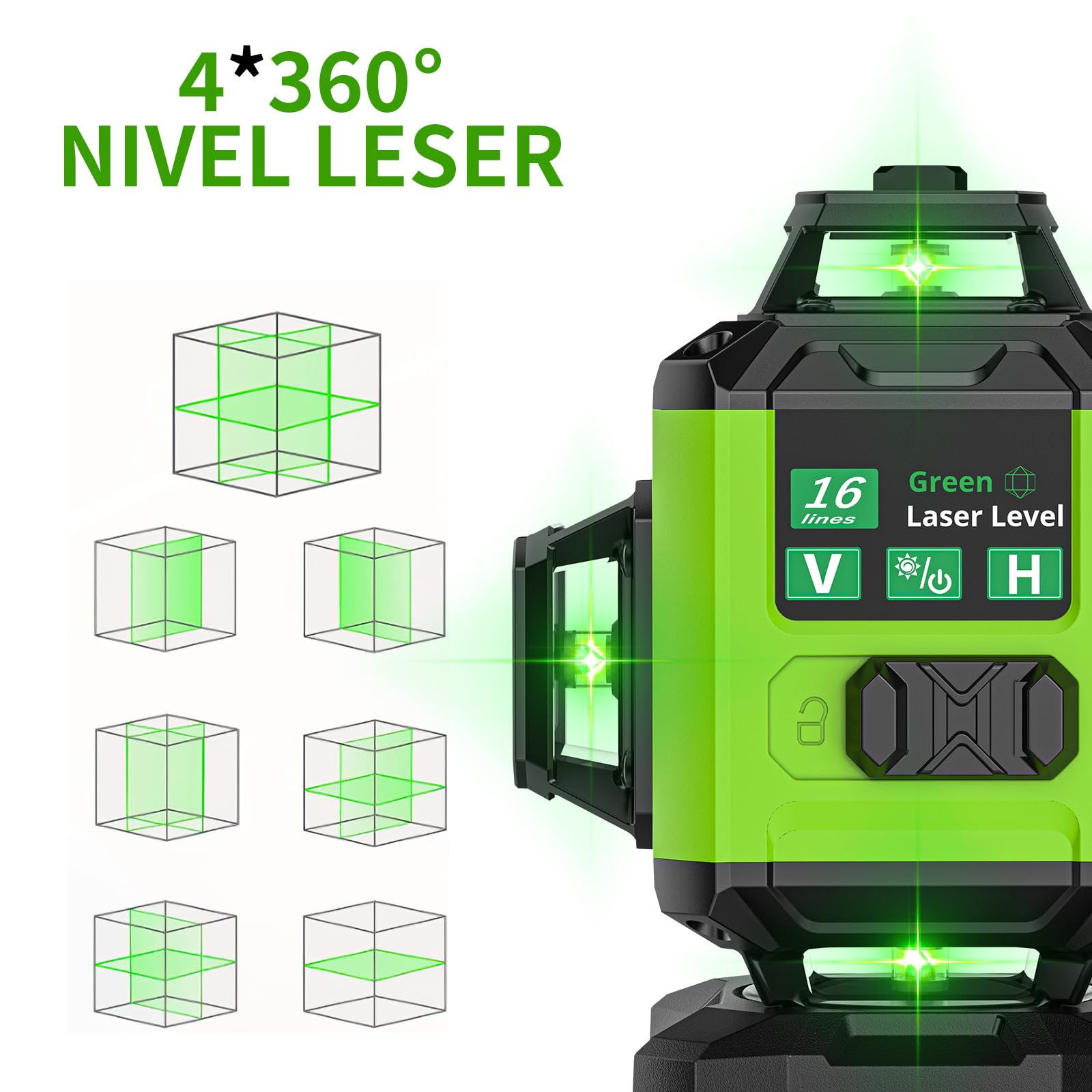Livella Laser 4D 360° Verde – Telaio Ultra-Stabilizzato per Massima Precisione, Tecnologia SHARP, Anti-Vibrazione, 2x Batterie 2400mAh, Modalità Pulse & Design Anti-Urto (L)