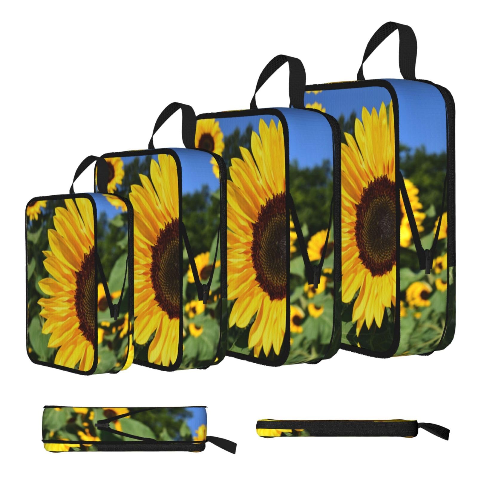 Sunflower Farm Print Compression Packing Cubes 4-Piece Set With Multi- Compartment Travel Bag, Waterproof Suitcase Organiser Bags