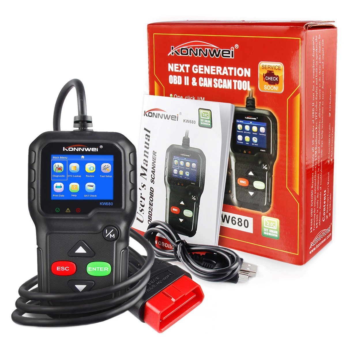 Skaner OBD2, uniwersalny skaner diagnostyczny OBD II CAN do odczytu błędów silnika samochodowego-skanowanie narzędzie do sprawdzania oświetlenia silnika KW680 z czujnikiem O2 i testem monitora pokładowego (czarny)
