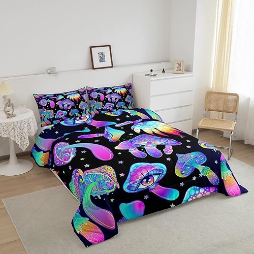 Miniatura 2 de Juego de edredón de hongos, tamaño matrimonial, juego de ropa de cama botánico kawaii trippy psicodélico con plantas psicodélicas para niños, niñas,