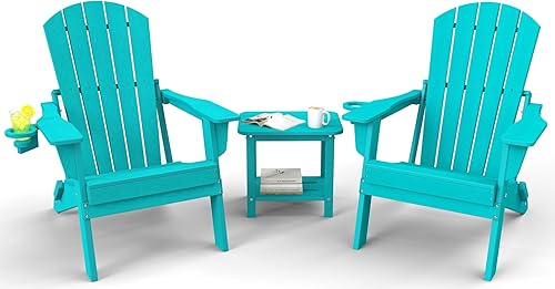 Juego de sillas plegables Adirondack de 3 piezas, respaldo extra alto de 38 pulgadas y grano de madera en relieve, muebles de patio de polietileno