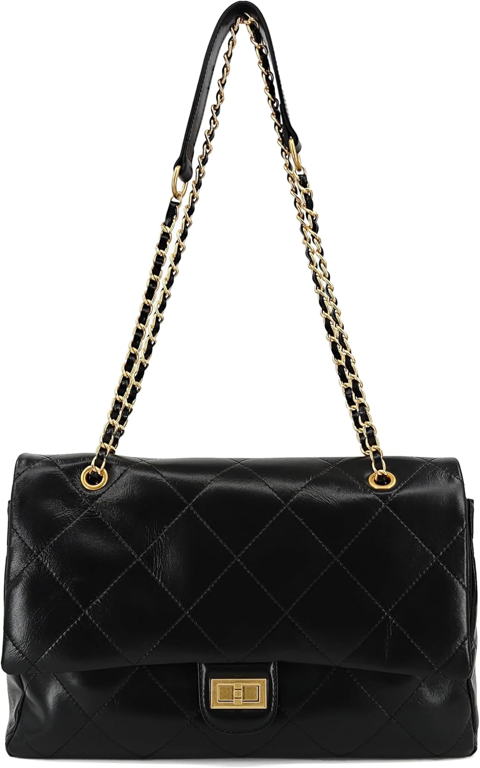 Large Quilted Leather Shoulder Bag for Women, Oversize Double Gold Chain Strap Tote Bag, Classic Briefcase Flap Purse - Image 7