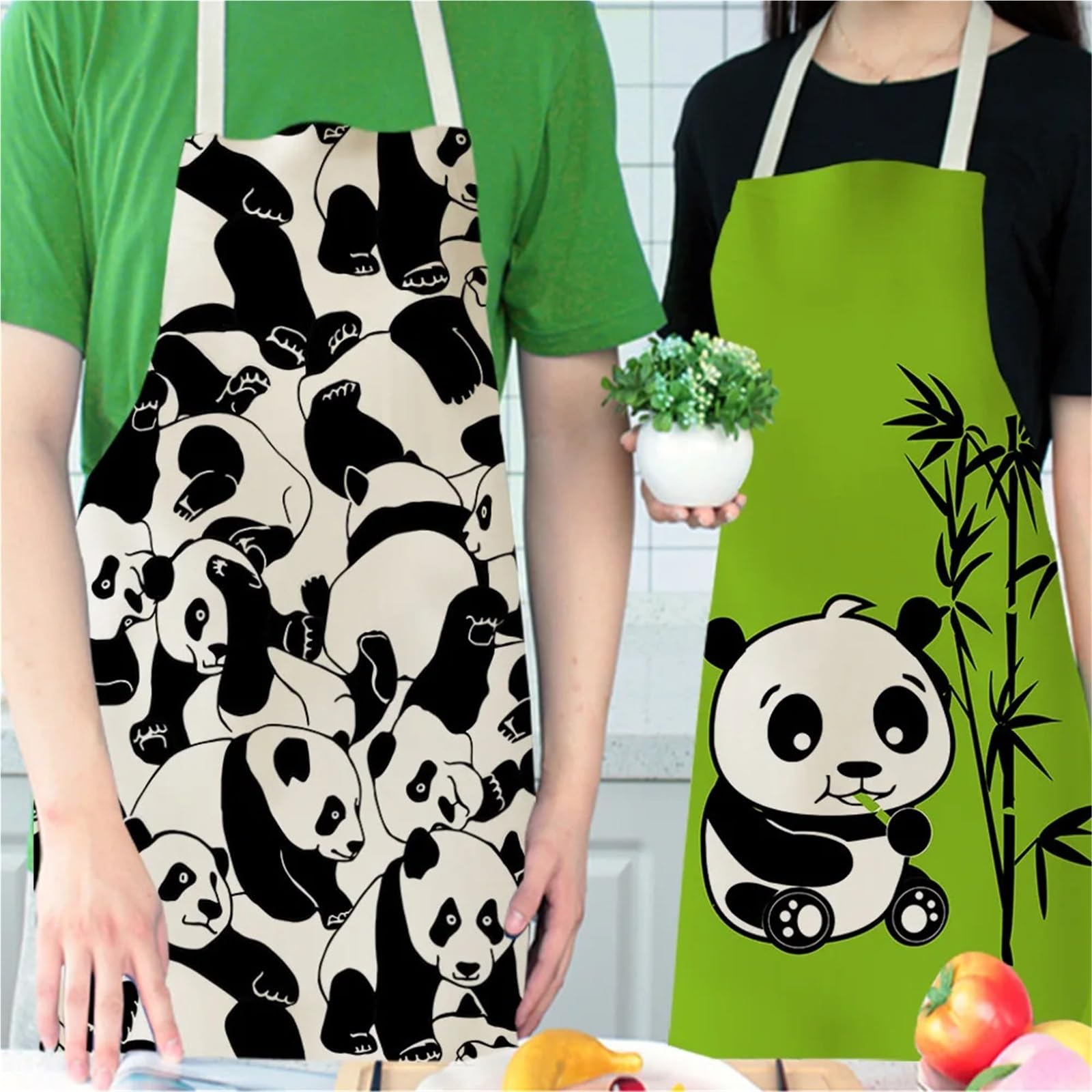Generico Grembiule in lino Cartoon Panda, grembiule da cucina rosa unisex per cottura al forno e cucina