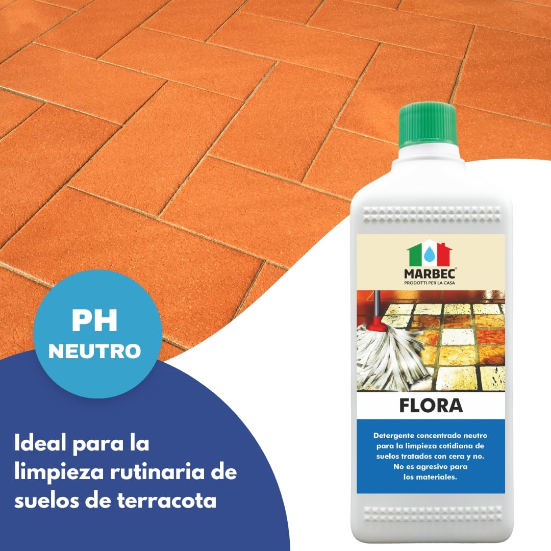 MARBEC FLORA 1LTX6UDS Detergente para suelos de terracota y materiales pétreos, ideal para la limpieza ordinaria de superficies tratadas y no tratadas. No daña el material.
